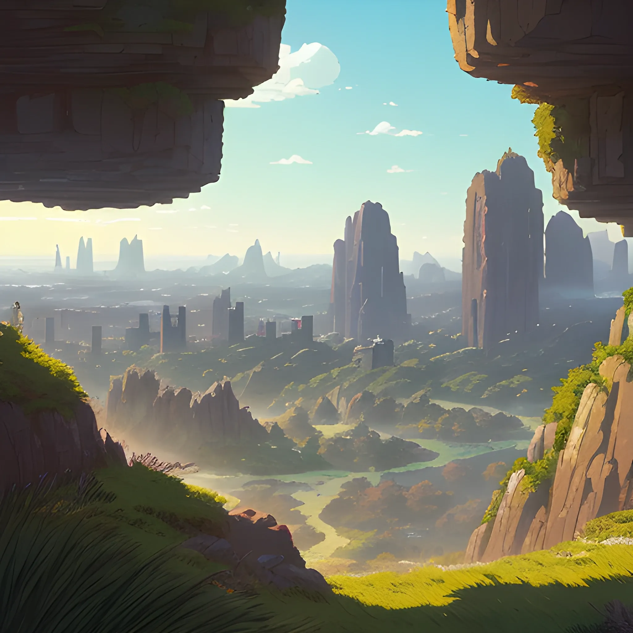 City, a top view of a giants rocks, grasses... in the style of makoto shinkai and greg rutkowski and albert bierstadt and james gurney