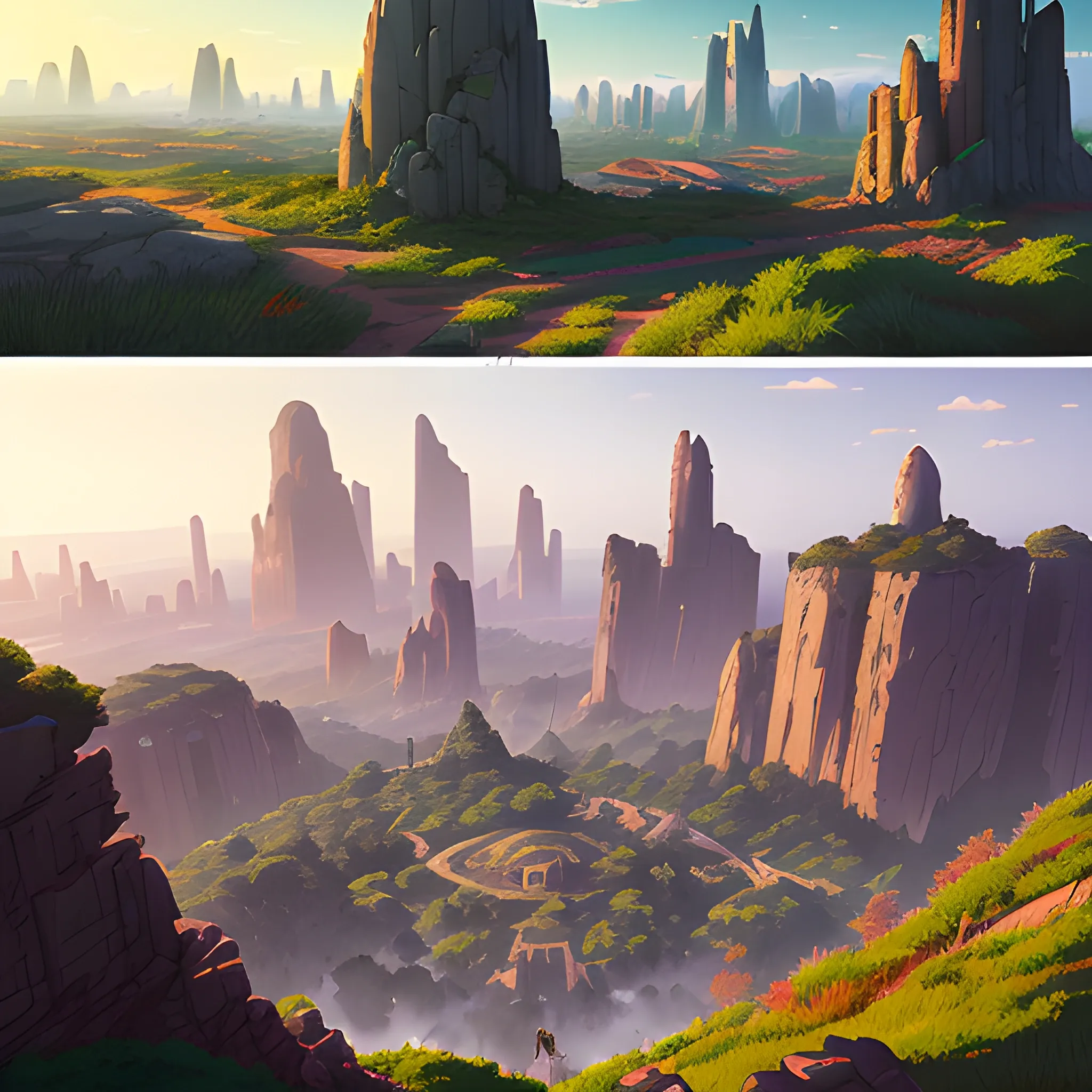 City, a top view of a giants rocks, grasses... in the style of makoto shinkai and greg rutkowski and albert bierstadt and james gurney