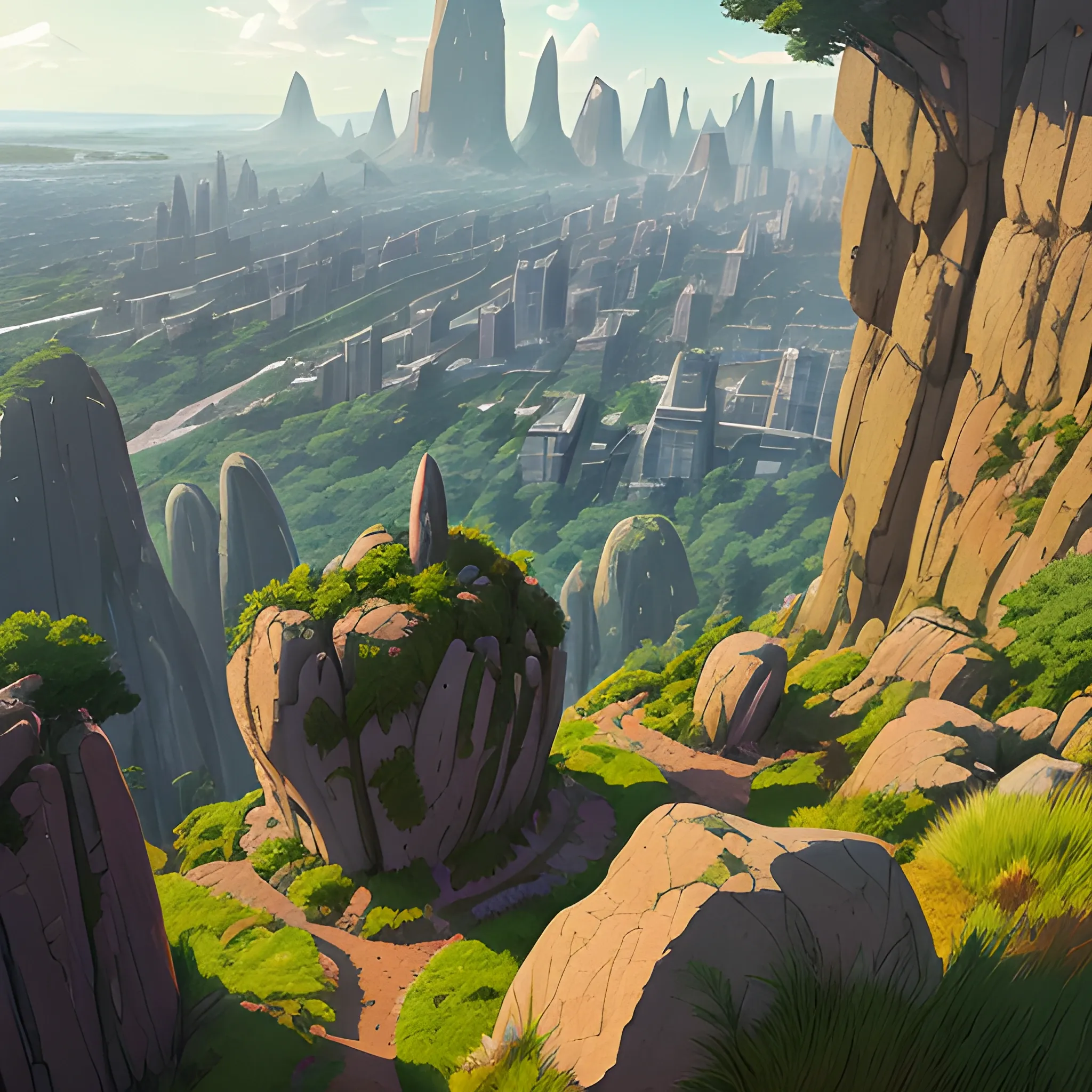 City, a top view of a giants rocks, grasses... in the style of makoto shinkai and greg rutkowski and albert bierstadt and james gurney