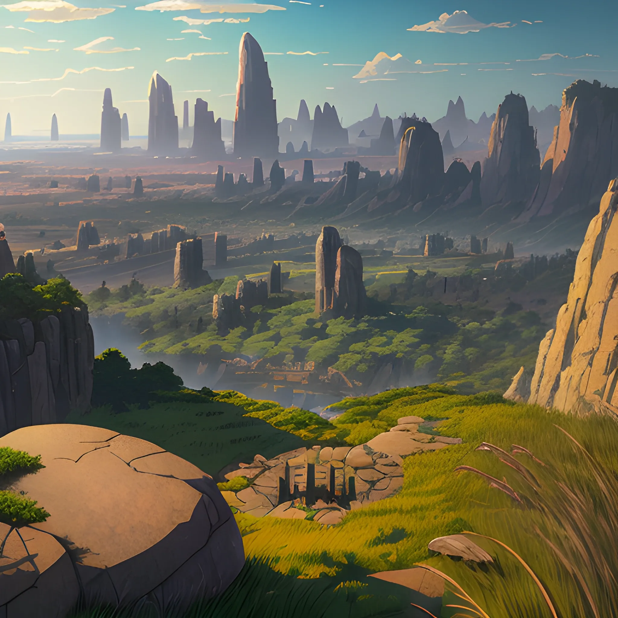 City, a top view of a giants rocks, grasses... in the style of makoto shinkai and greg rutkowski and albert bierstadt and james gurney