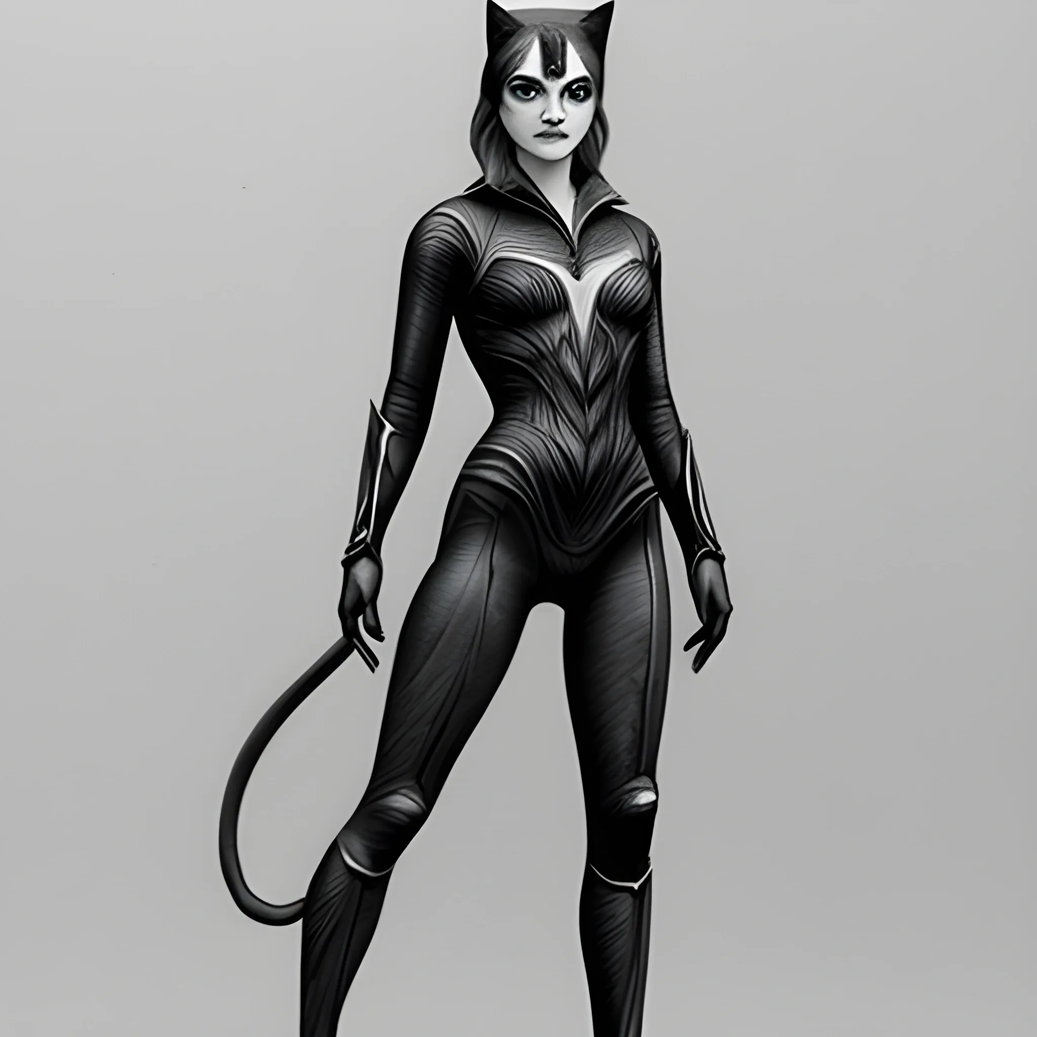 Emma Watson as cat woman, full body, 3D, Pencil Sketch