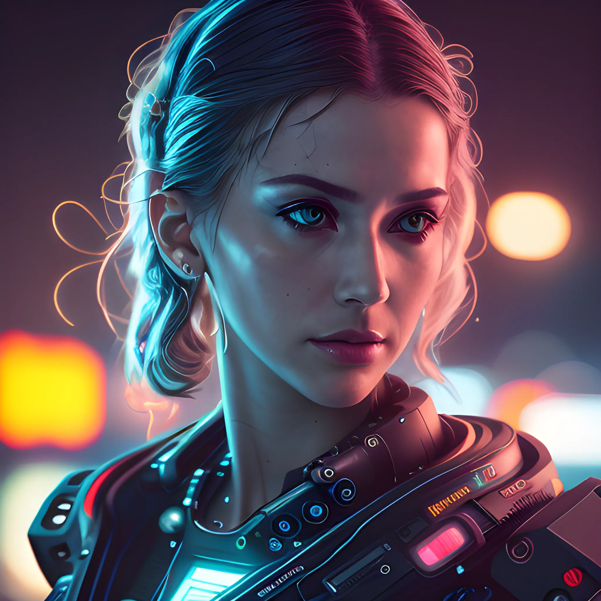 cinematic photo detailed closeup portraid of a Beautiful cyberpunk woman, robotic parts, cables, lights, text; , high quality photography, 3 point lighting, flash with softbox, 4k, Canon EOS R3, hdr, smooth, sharp focus, high resolution, award winning photo, 80mm, f2.8, bokeh . 35mm photograph, film, bokeh, professional, 4k, highly detailed, high quality photography, 3 point lighting, flash with softbox, 4k, Canon EOS R3, hdr, smooth, sharp focus, high resolution, award winning photo, 80mm, f2.8, bokeh