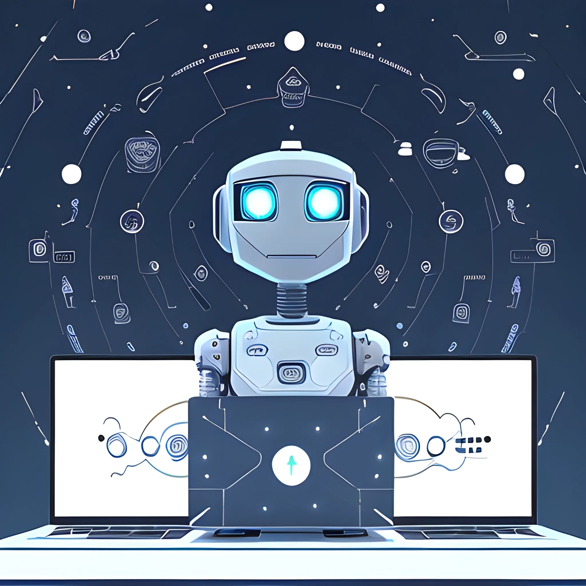 robot in front of a laptop, marketing game illustration, bar charts, panoramic anamorphic, adobe ilustrator, interconnections, constellations, by Else Alfelt, trading, soft round features, metaverse, rk post, register, multiple