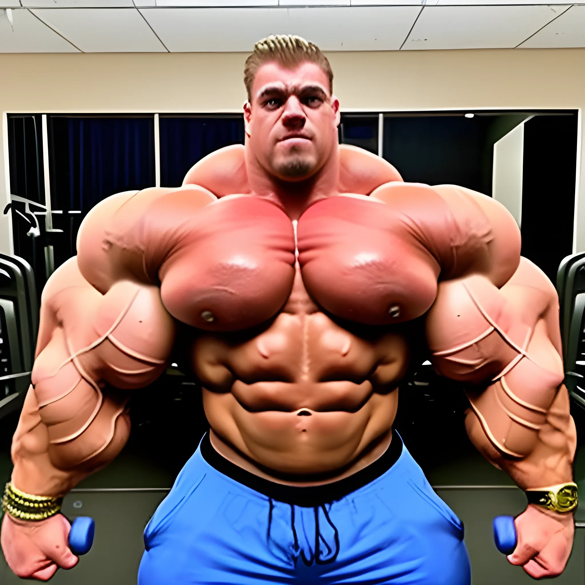 3-meters,  muscle morph, 3000 lbs bodybuilder, gigantic 300 inches biceps, huge biceps, 300 inches enormous triceps, , gigantic traps, 300 inches chest, 