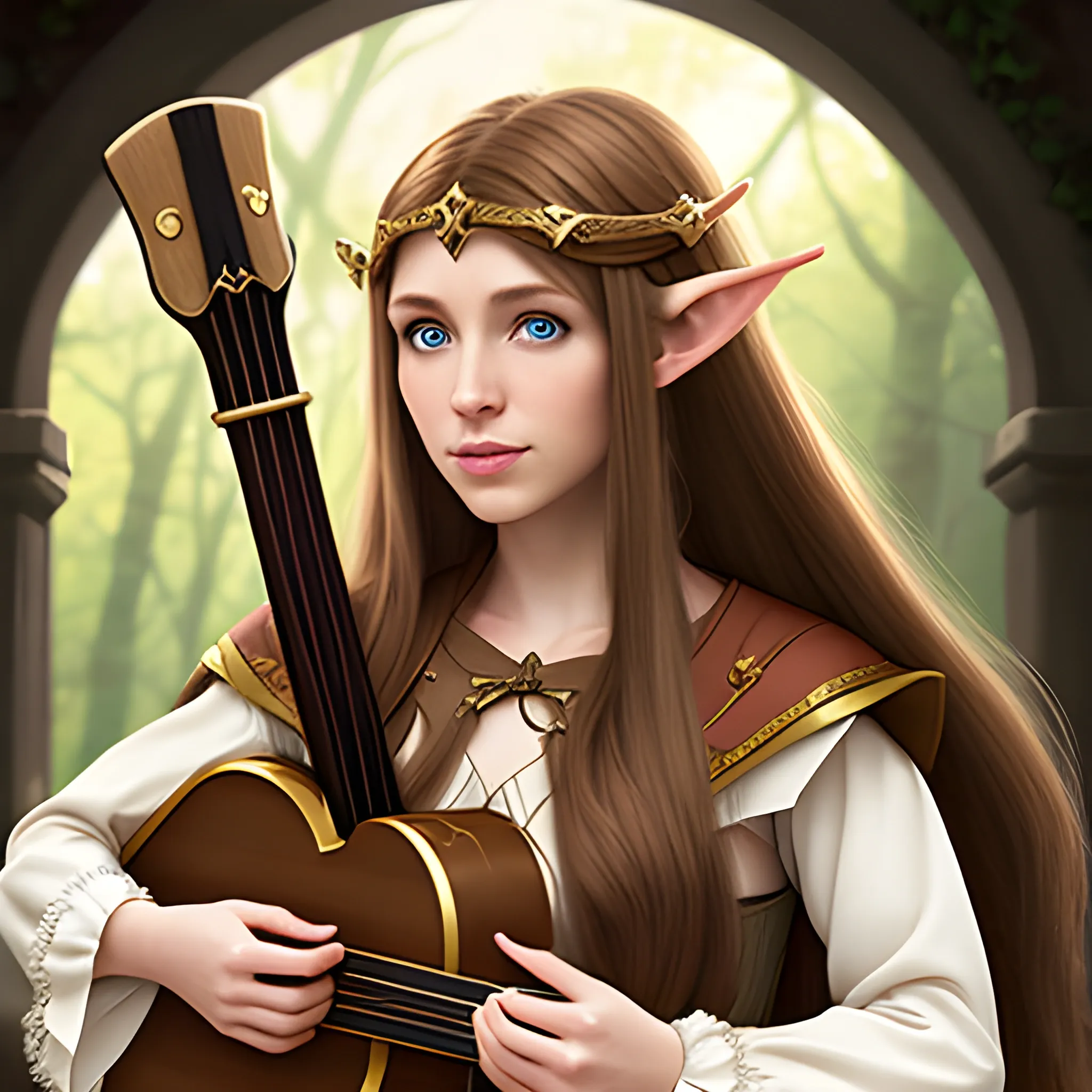 female half elf bard long light brown hair playing lute