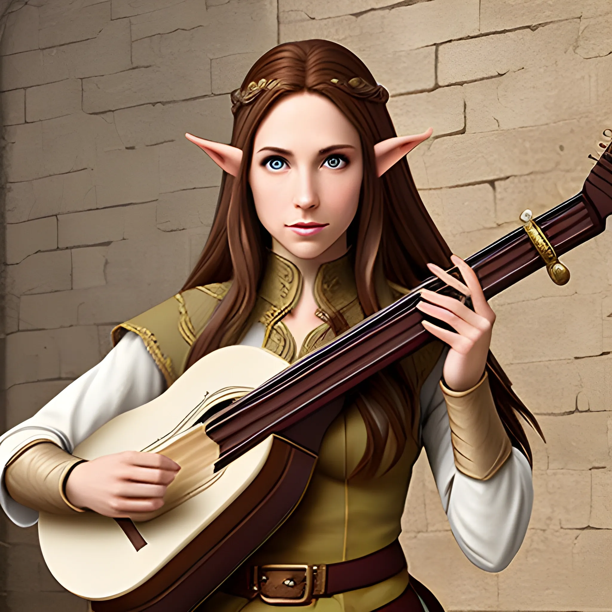 female half elf bard medium light brown hair playing lute - Arthub.ai