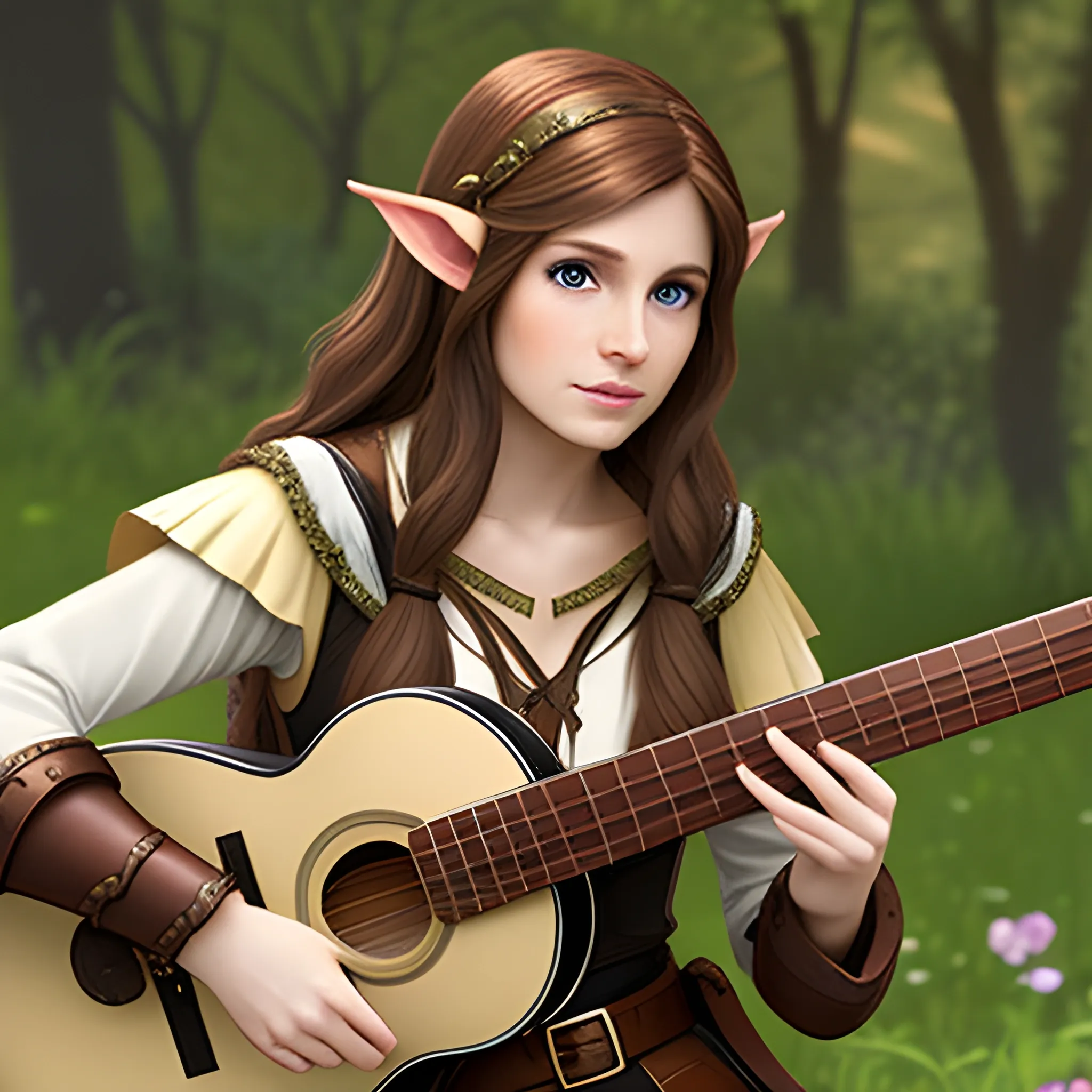 female half elf bard medium light brown hair playing lute - Arthub.ai