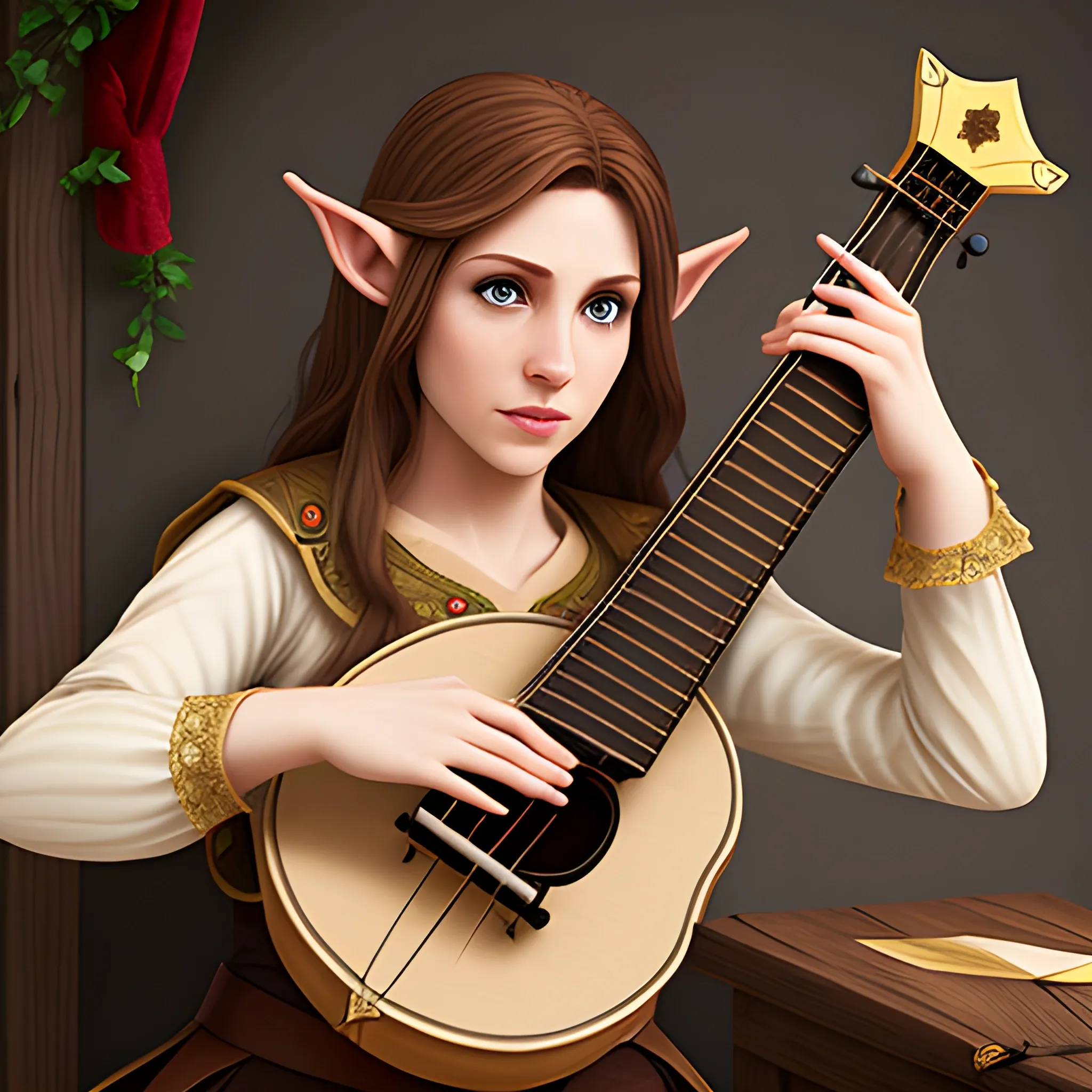 female half elf bard medium light brown hair playing lute - Arthub.ai