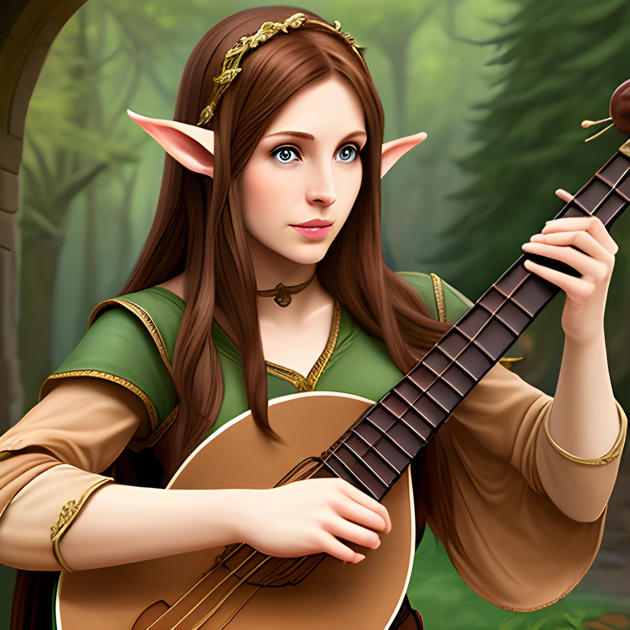 female half elf bard medium light brown hair playing lute