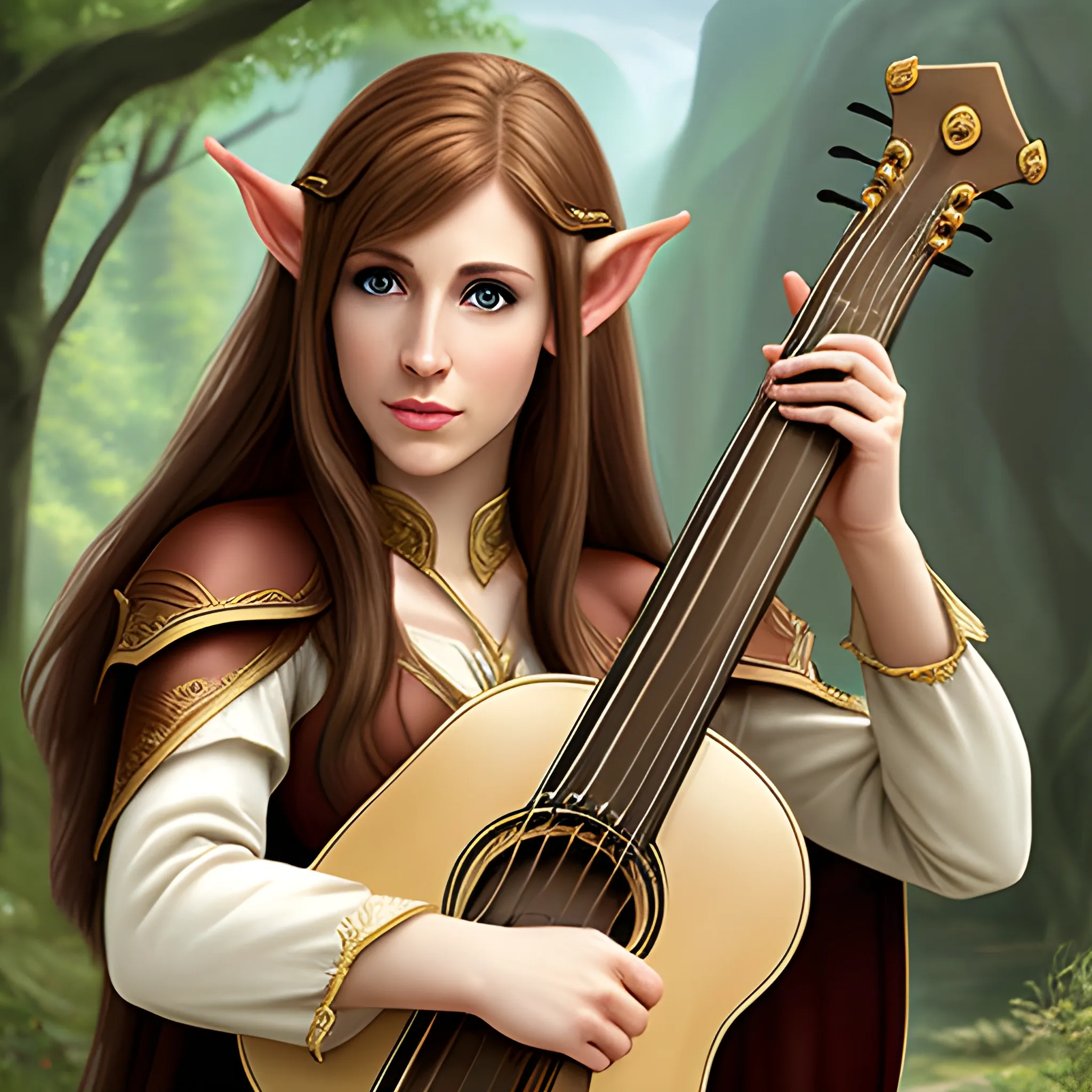 female half elf bard medium light brown hair playing lute - Arthub.ai