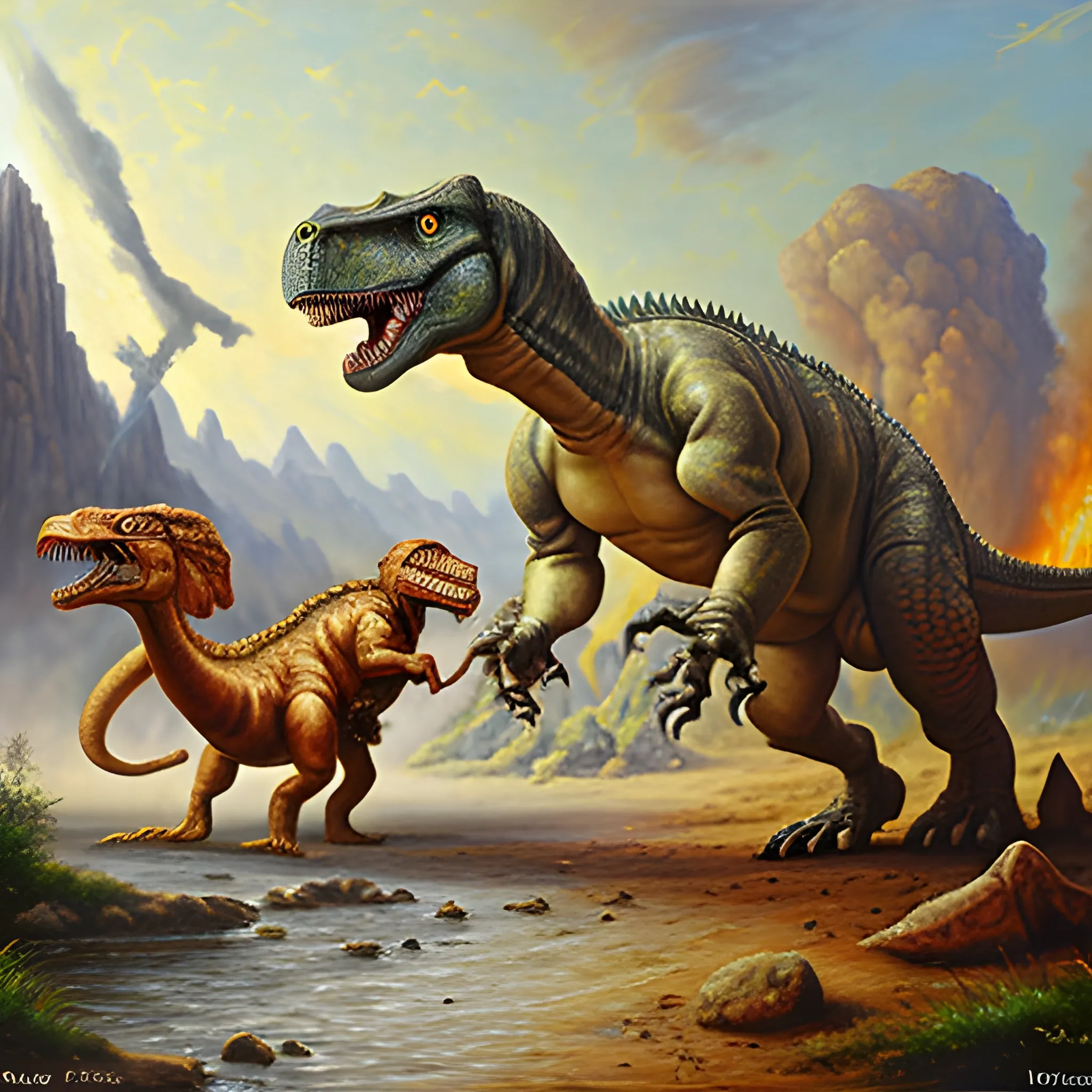 The war between dinosaurs and ancient Russians, ,  Oil Painting