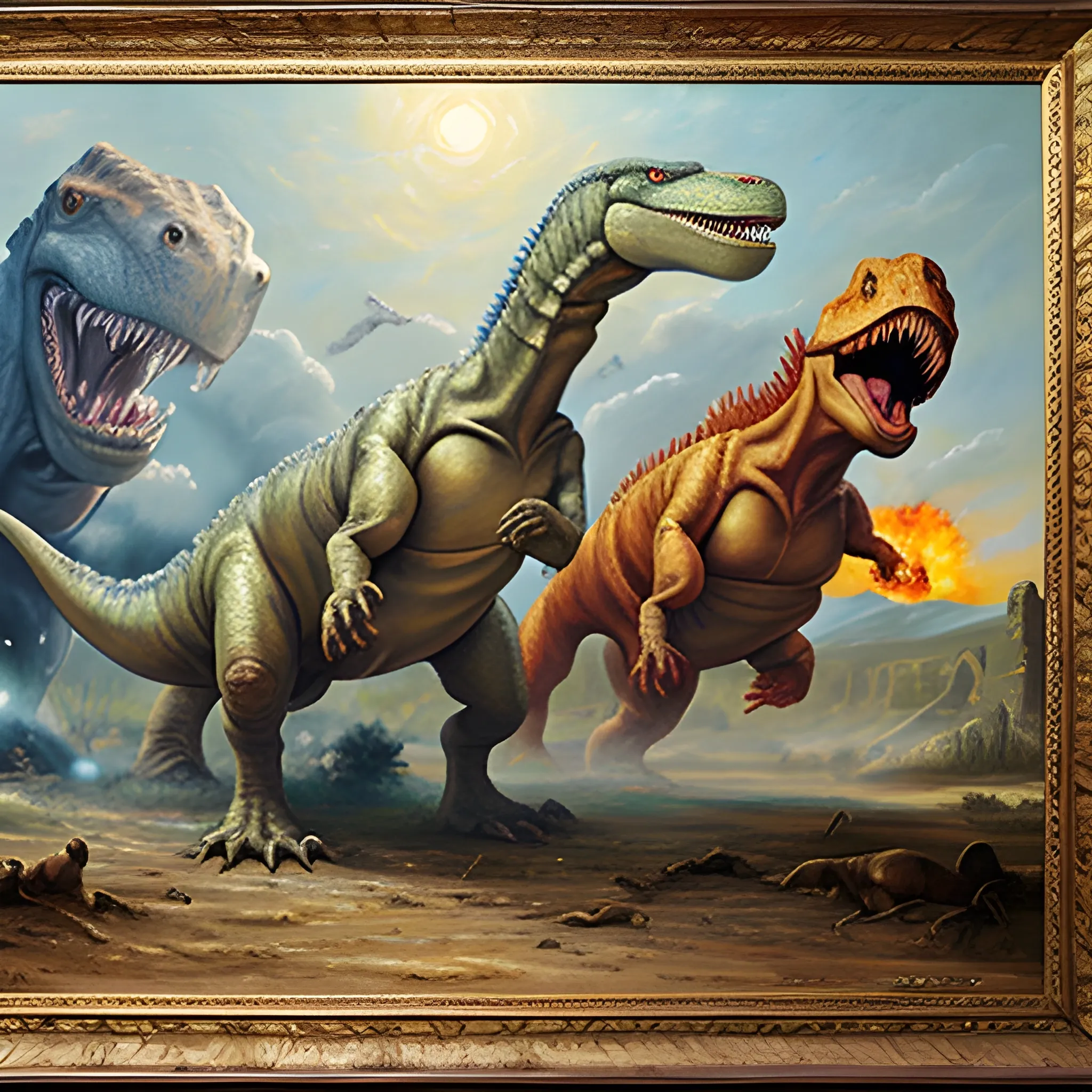 The war between dinosaurs and ancient Russians, ,  Oil Painting