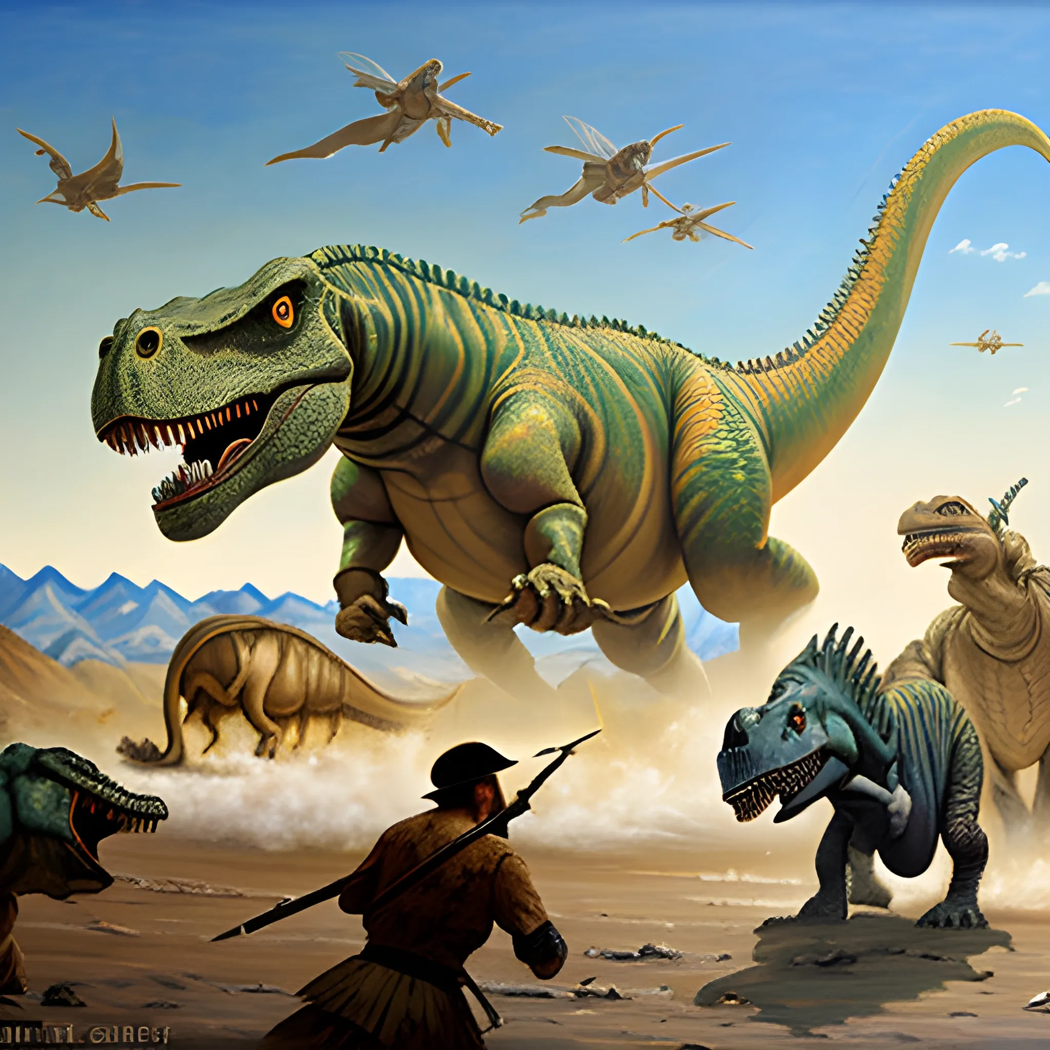 The war between dinosaurs and ancient Kazakhs, ,  Oil Painting