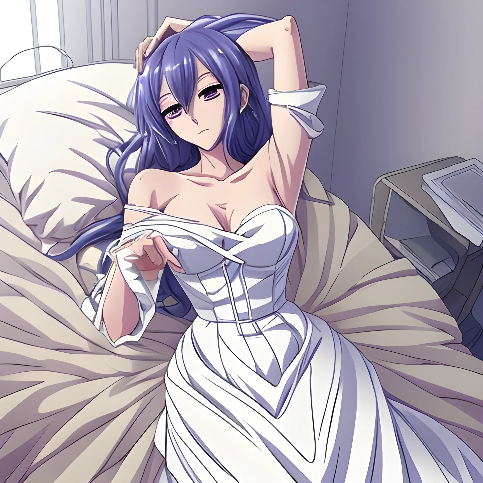 I want a beautiful anime woman with a hour glass figure shes wearing a white dress and is healing a sick bed ridden man