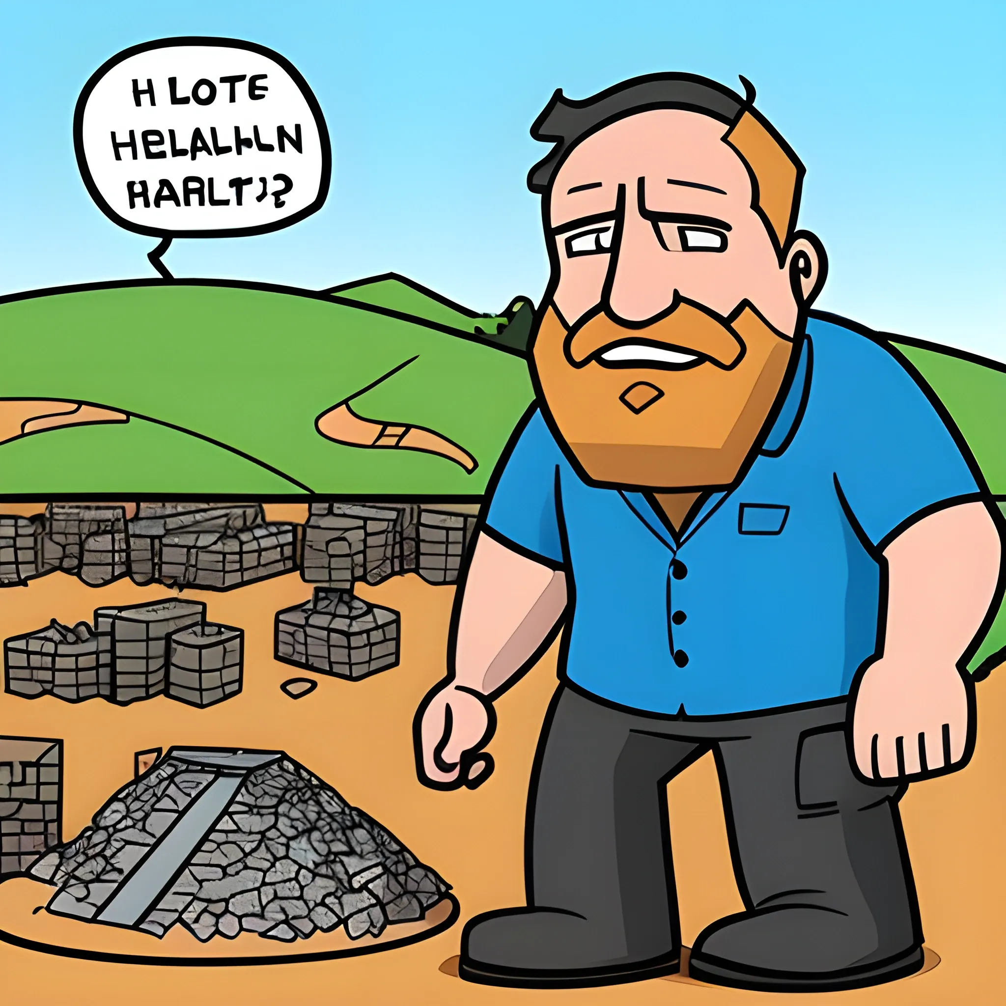 A man struggling to build π value and mining it, Cartoon