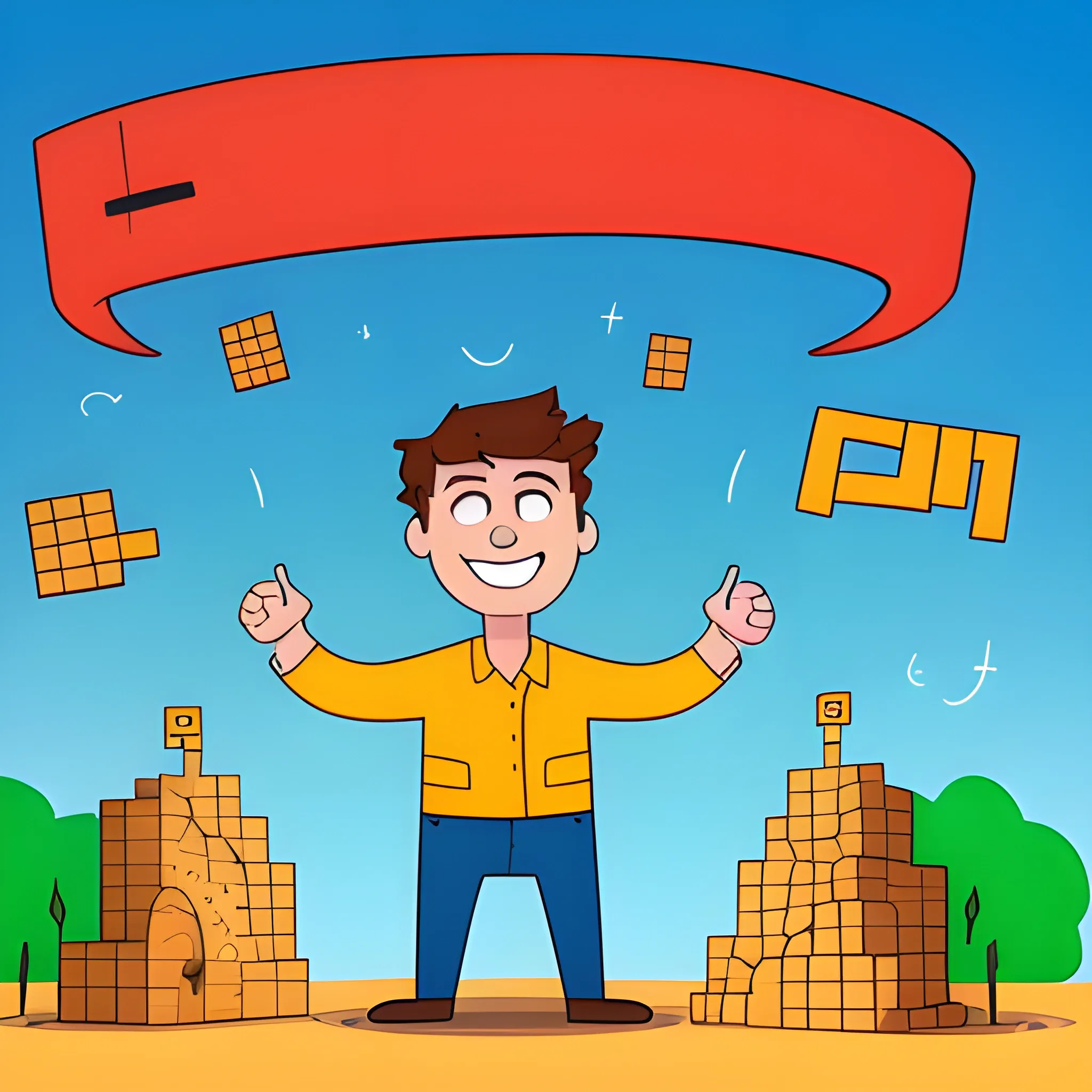 A man struggling to build π value and mining it, Cartoon show Pi on land and happy face of man