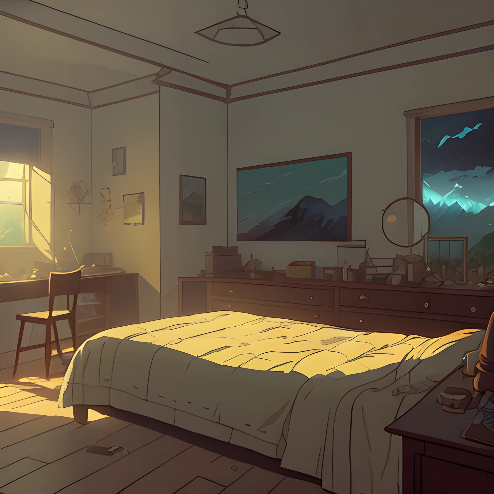 bedroom... in the style of makoto shinkai and greg rutkowski and albert bierstadt and james gurney