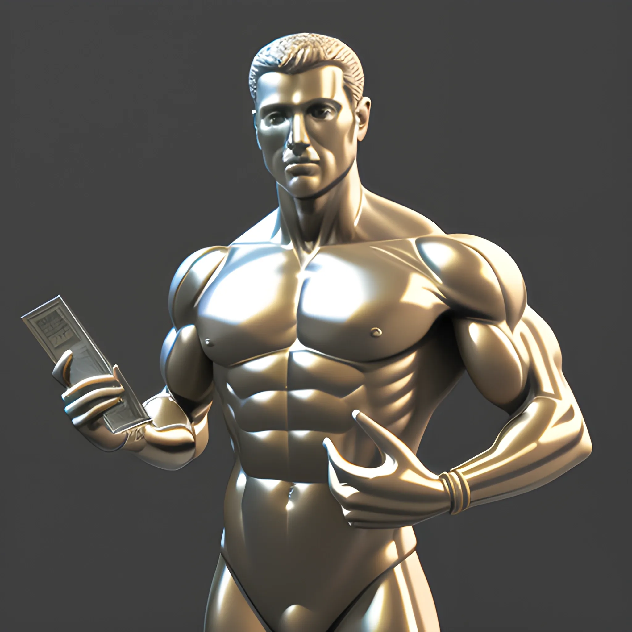 3d render of an award statuette in the form of a transparent, muscular man, holding a photo camera, 3D