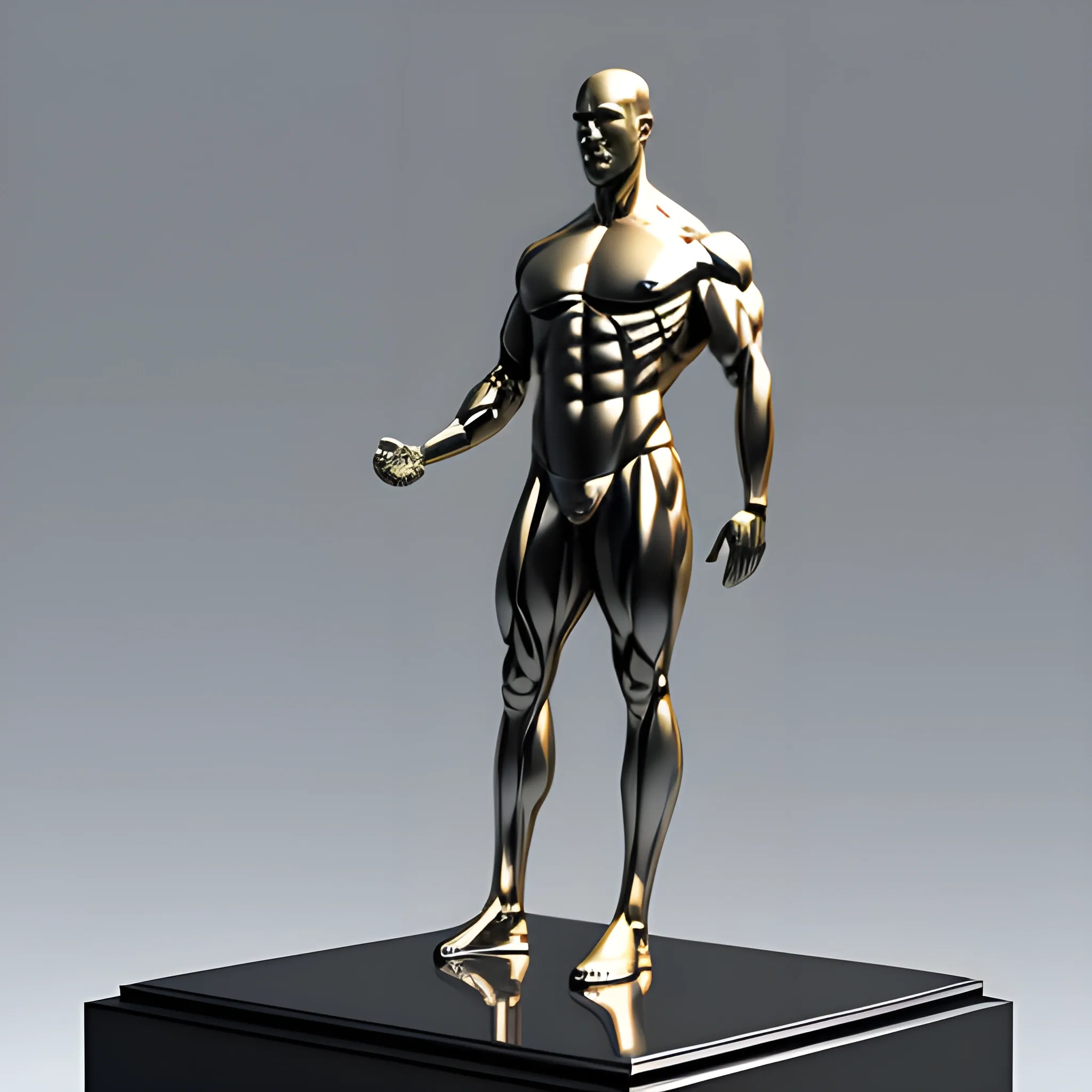 3d render of an award statuette in the form of a transparent muscular man, holding a professional camera, full body on pedestal, symmetry, no hair, academy award like, 3d