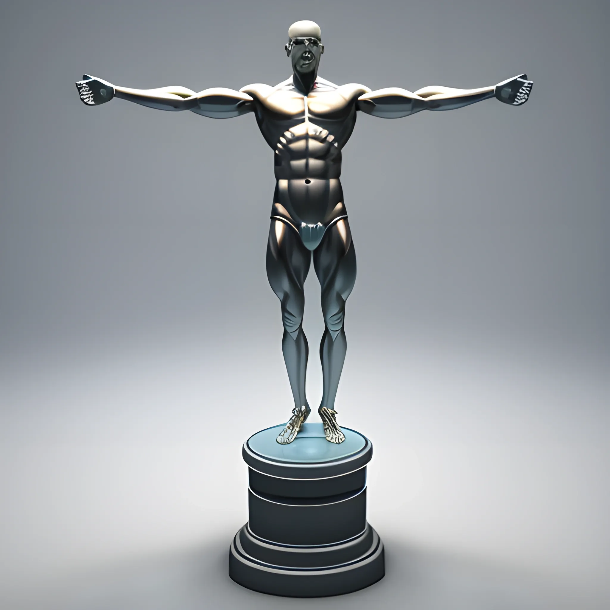 3d render of a transparent muscular man, holding a professional camera, full body on pedestal, symmetry, no hair, academy award like statuette, 3d