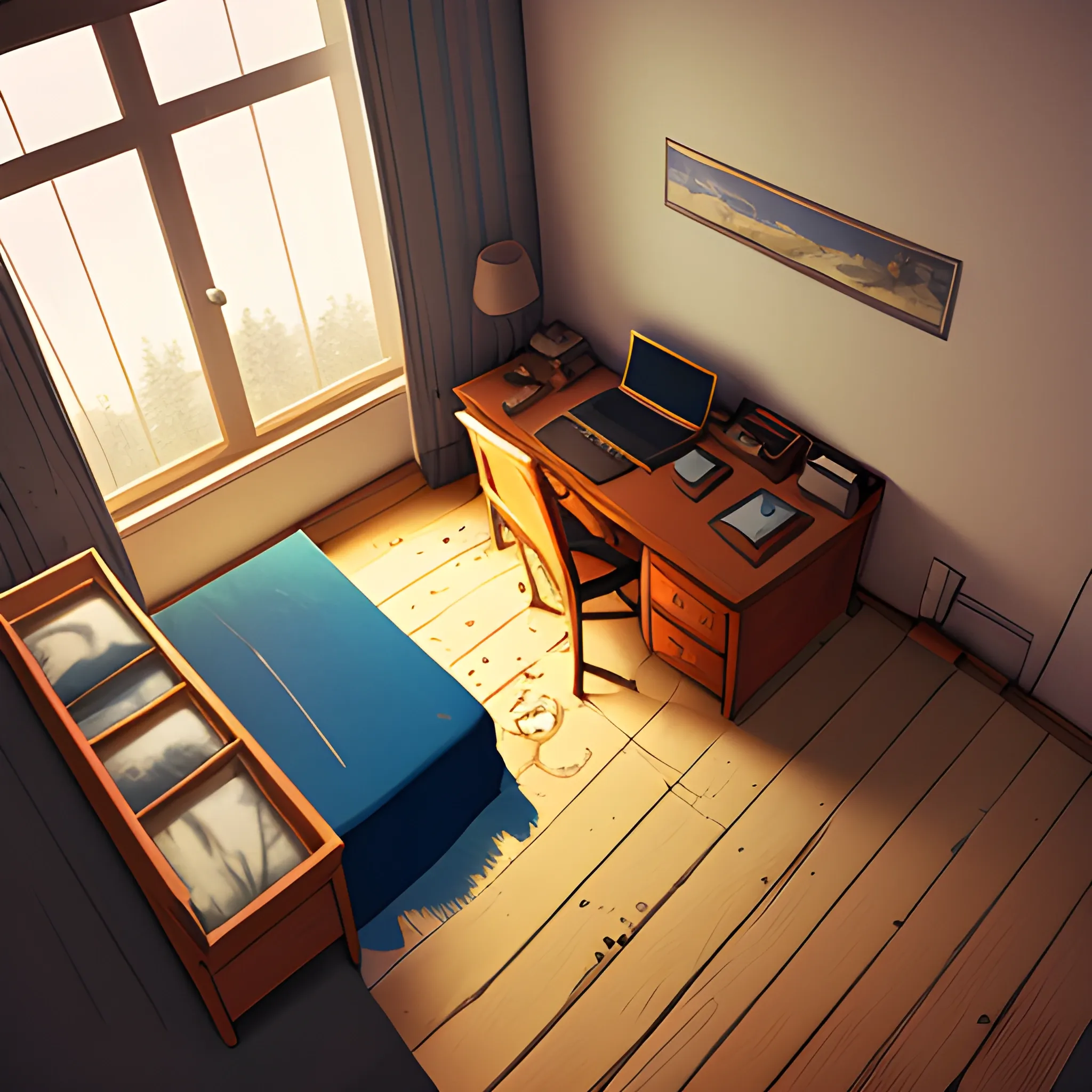 top view bedroom... in the style of makoto shinkai and greg rutkowski and albert bierstadt and james gurney