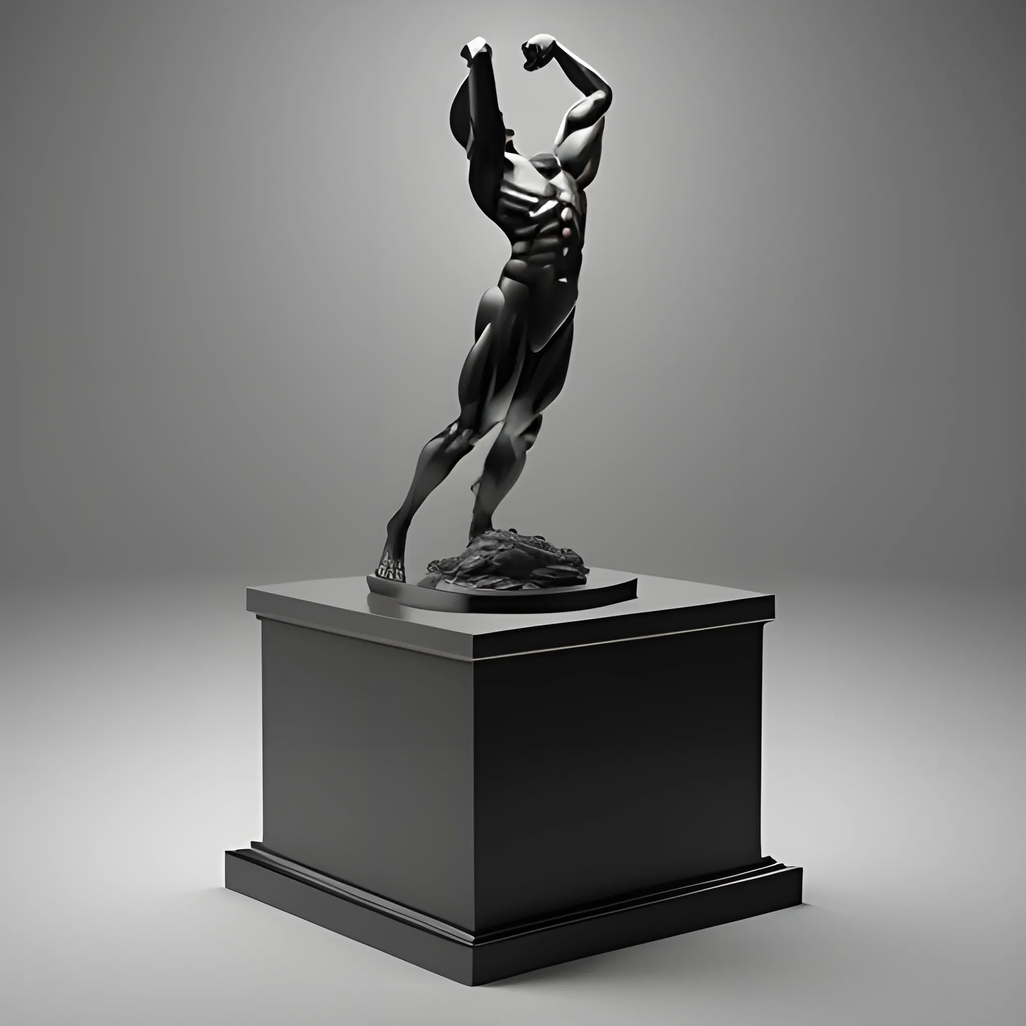 Produce a hyper-realistic 3D model of a prestigious photography award. The centerpiece should feature a high-end camera lens reflecting the silhouette of a nude, muscular male figure. Employ dramatic lighting to enhance the scene's impact, and include a pedestal to elevate the award statuette for added prominence.