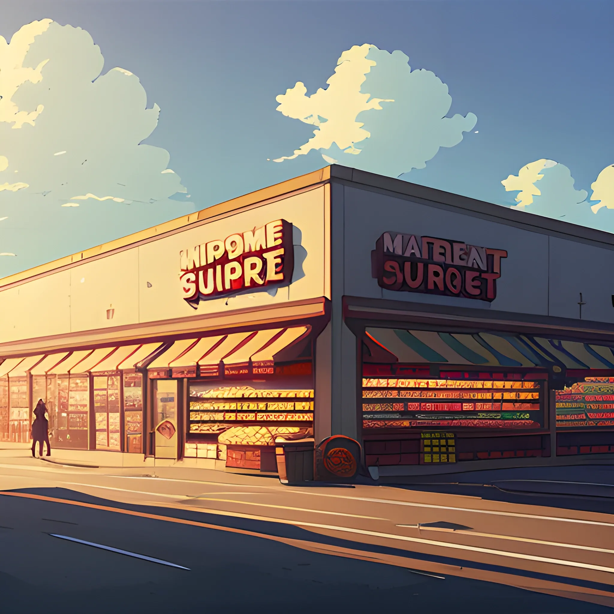 large view of supermarket... in the style of makoto shinkai and greg rutkowski and albert bierstadt and james gurney