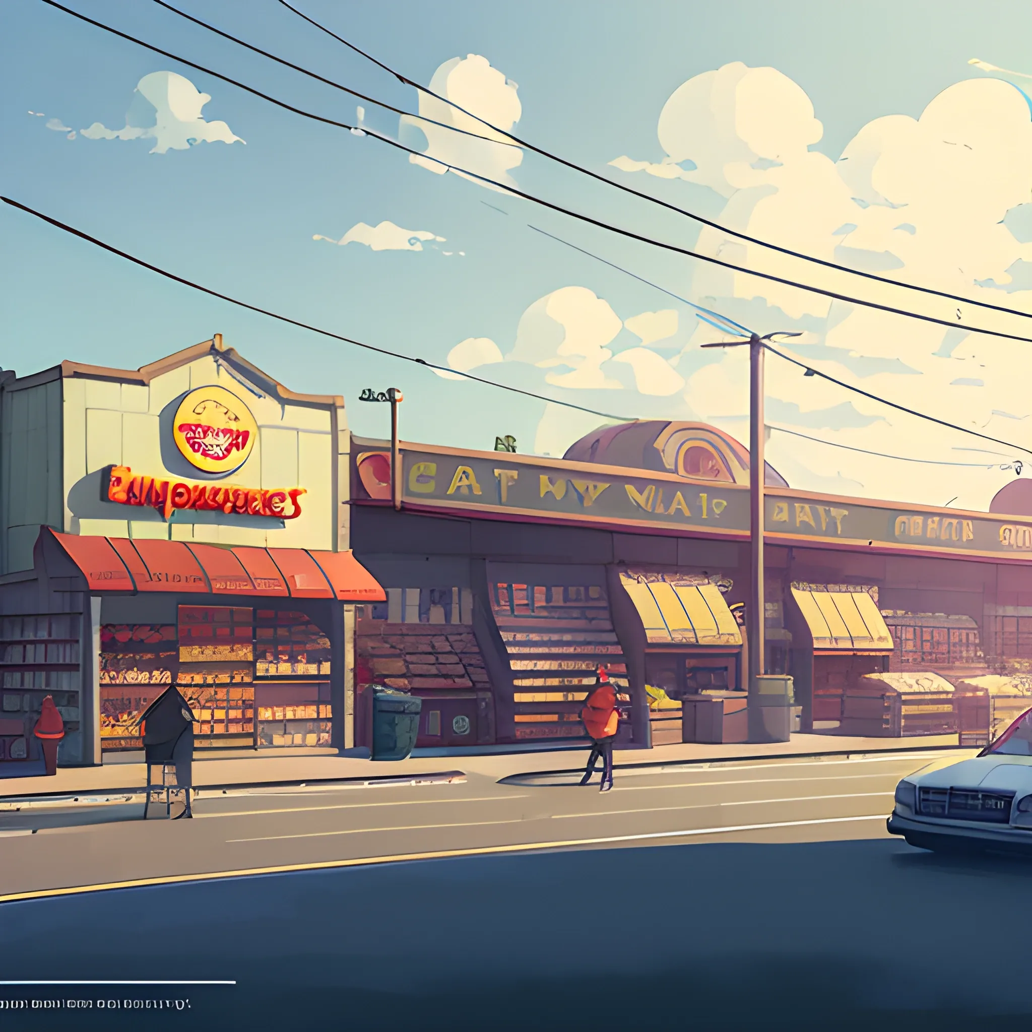 large view of supermarket in the city... in the style of makoto shinkai and greg rutkowski and albert bierstadt and james gurney