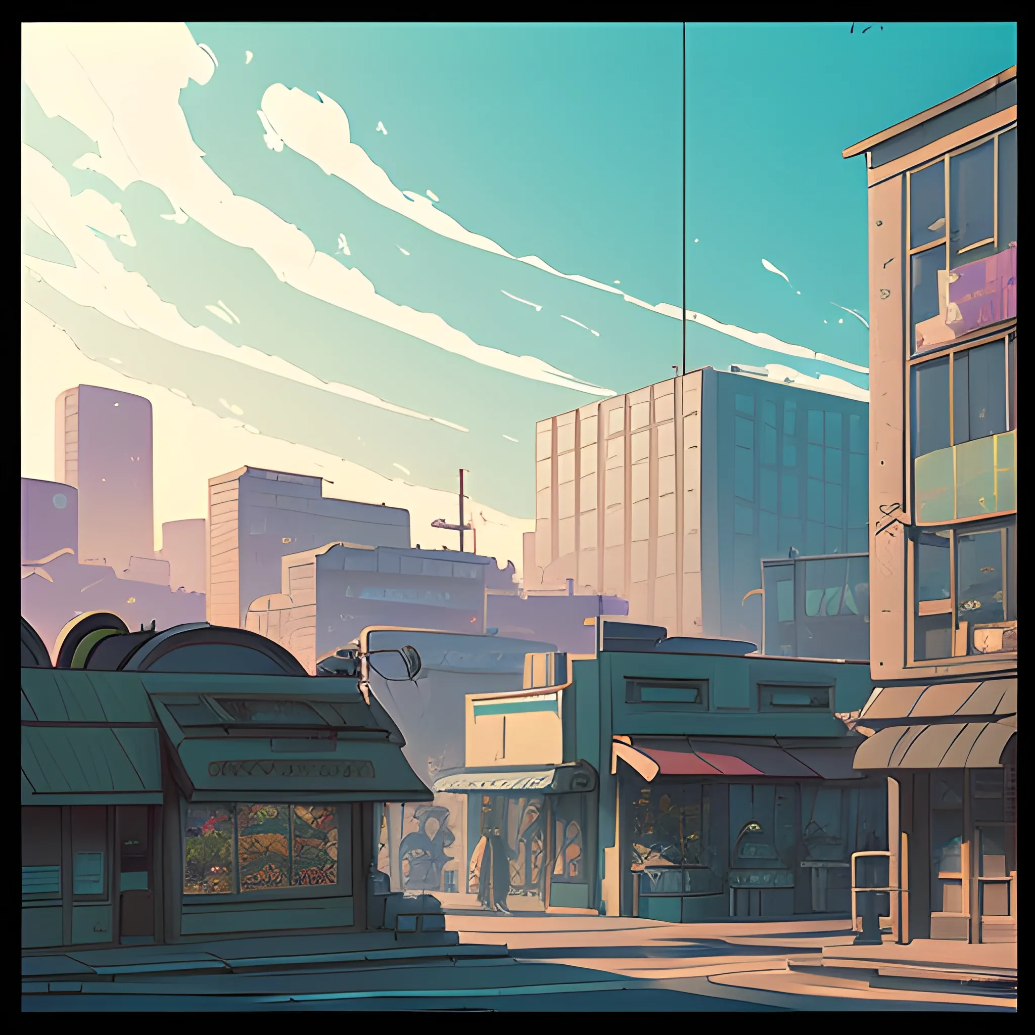 low angle of city with shop... in the style of makoto shinkai an ...