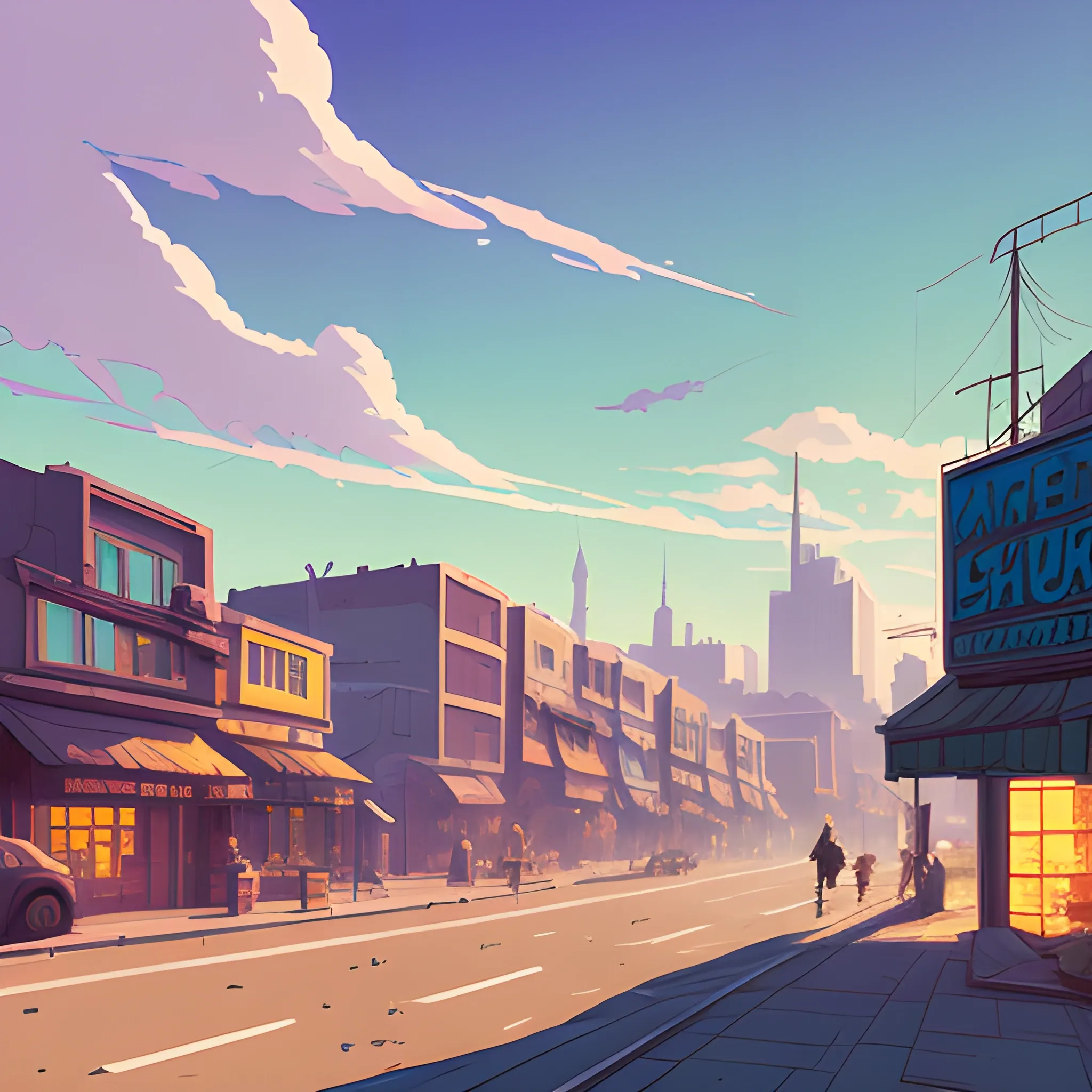 low angle of city with shop... in the style of makoto shinkai an ...