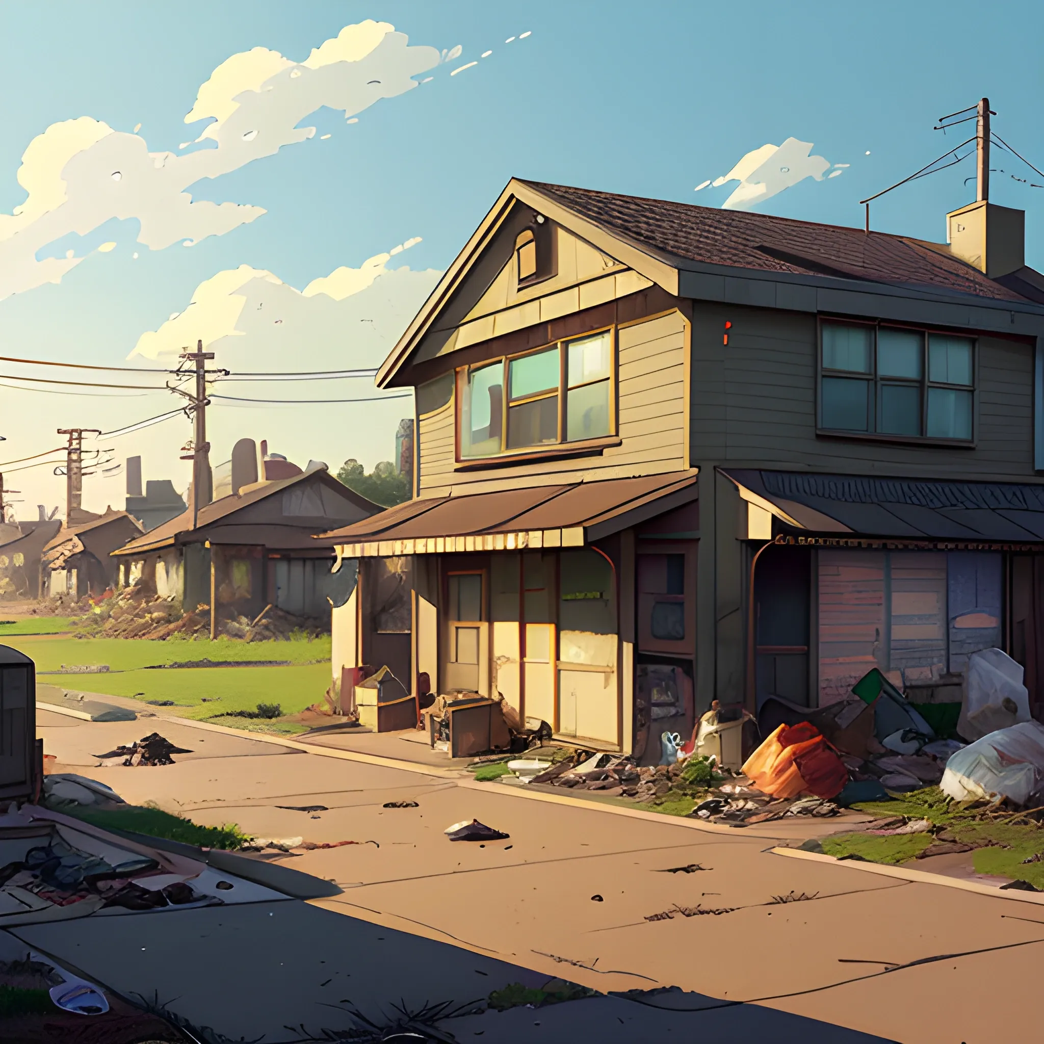 residential suburb with rubbish and shop... in the style of makoto shinkai and greg rutkowski and albert bierstadt and james gurney