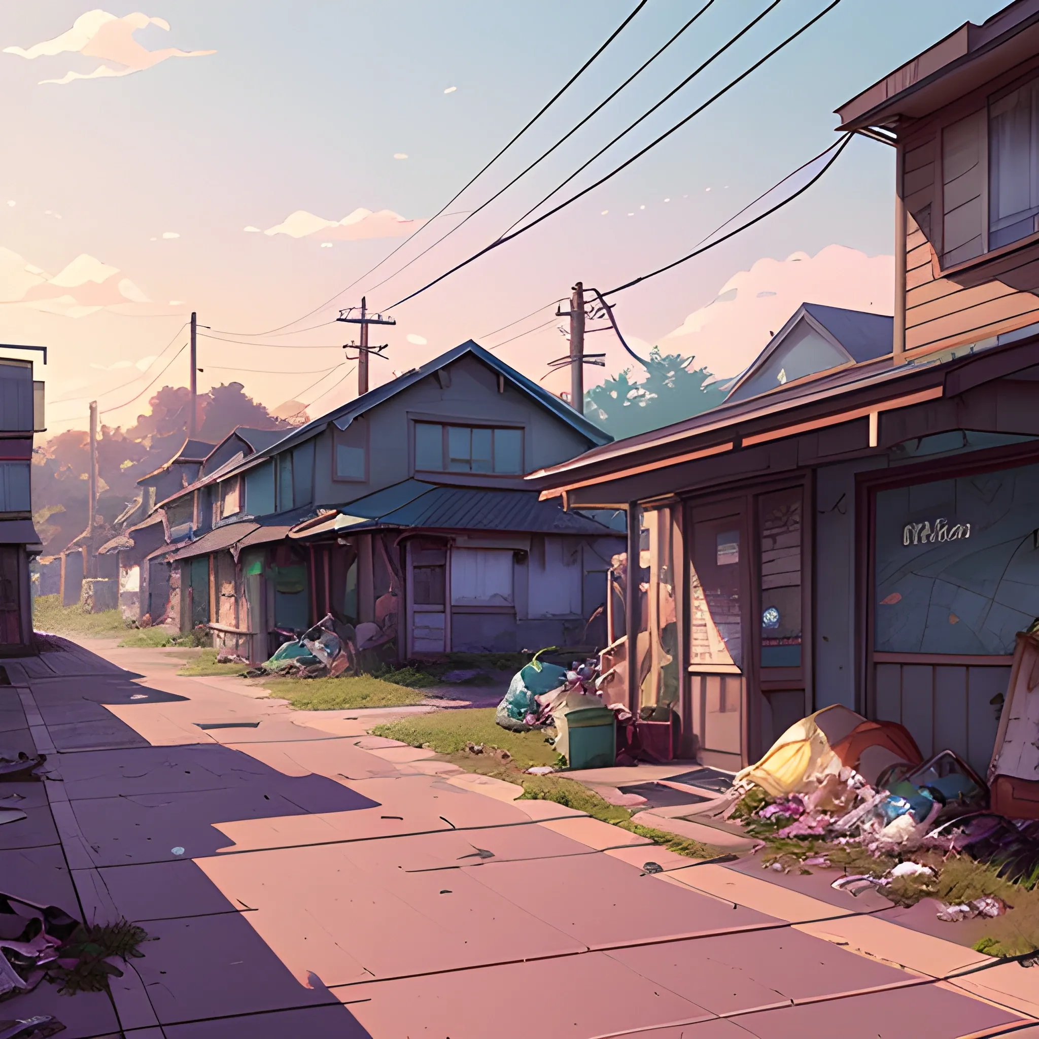 residential suburb with rubbish and shop... in the style of makoto shinkai and greg rutkowski and albert bierstadt and james gurney