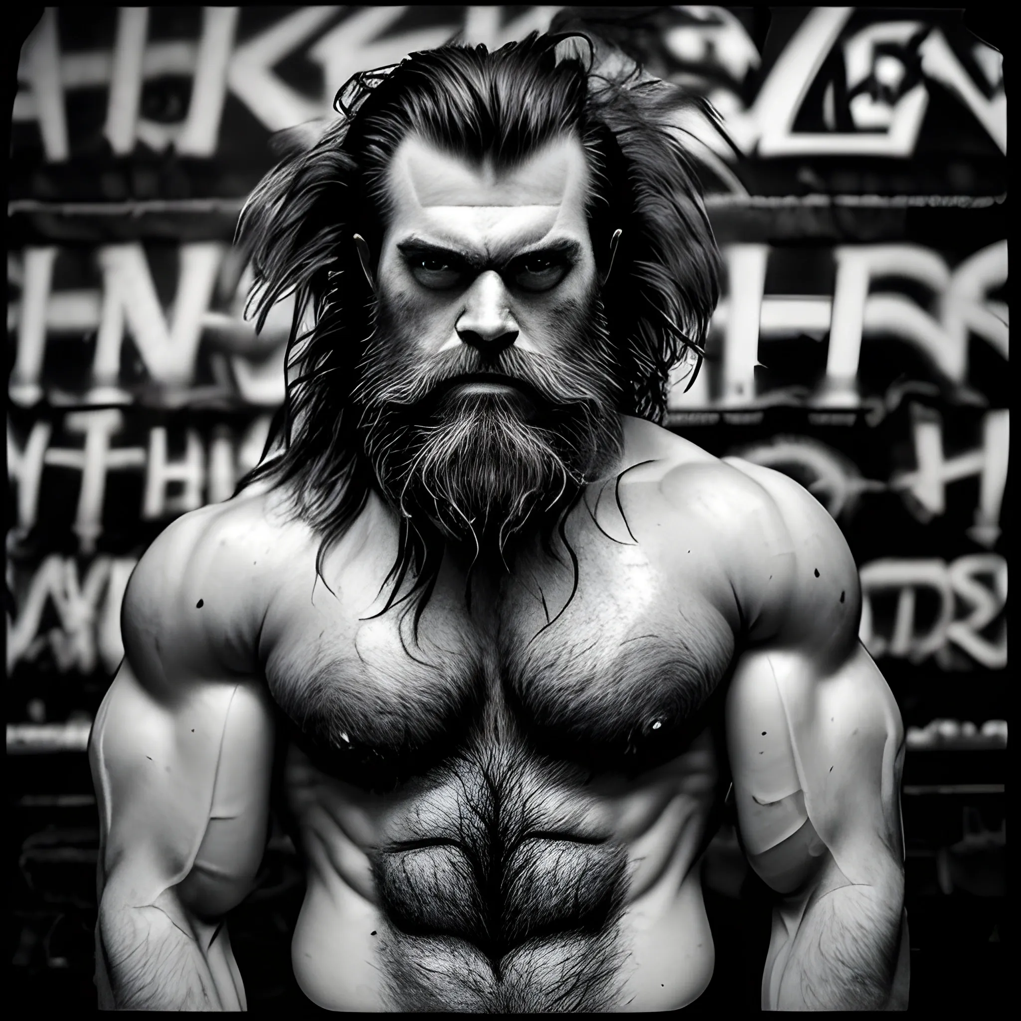 Capture the image of a very hairy muscular demonic looking man with wild, untamed hair and a prominent beard. The environment around him is a dimly lit, abandoned warehouse, with broken windows and graffiti-covered walls. The atmosphere is eerie and mysterious, with a hint of danger lurking in the shadows. The style of the photograph is high contrast black and white, emphasizing the rugged features and textures of the man's physique. The realization is reminiscent of film noir, with deep shadows and dramatic lighting, using Ilford Delta 3200 film for a grainy and gritty effect.