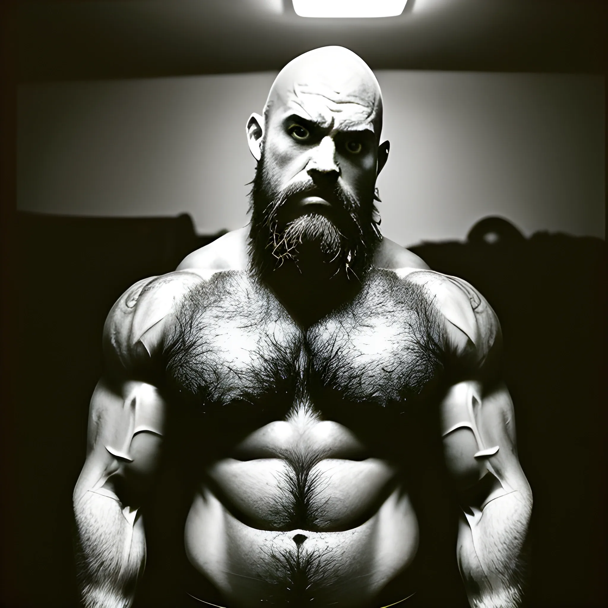 Capture the image of an extremely hairy muscular bald demonic looking man with wild, untamed body hair and a goatee. The environment around him is a dimly lit, man cave, with broken windows and dungeon-like walls. The atmosphere is eerie and mysterious, with a hint of danger lurking in the shadows. The style of the photograph is high contrast black and white, emphasizing the rugged features and textures of the man's physique. The realization is reminiscent of film noir, with deep shadows and dramatic lighting, using Ilford Delta 3200 film for a grainy and gritty effect.