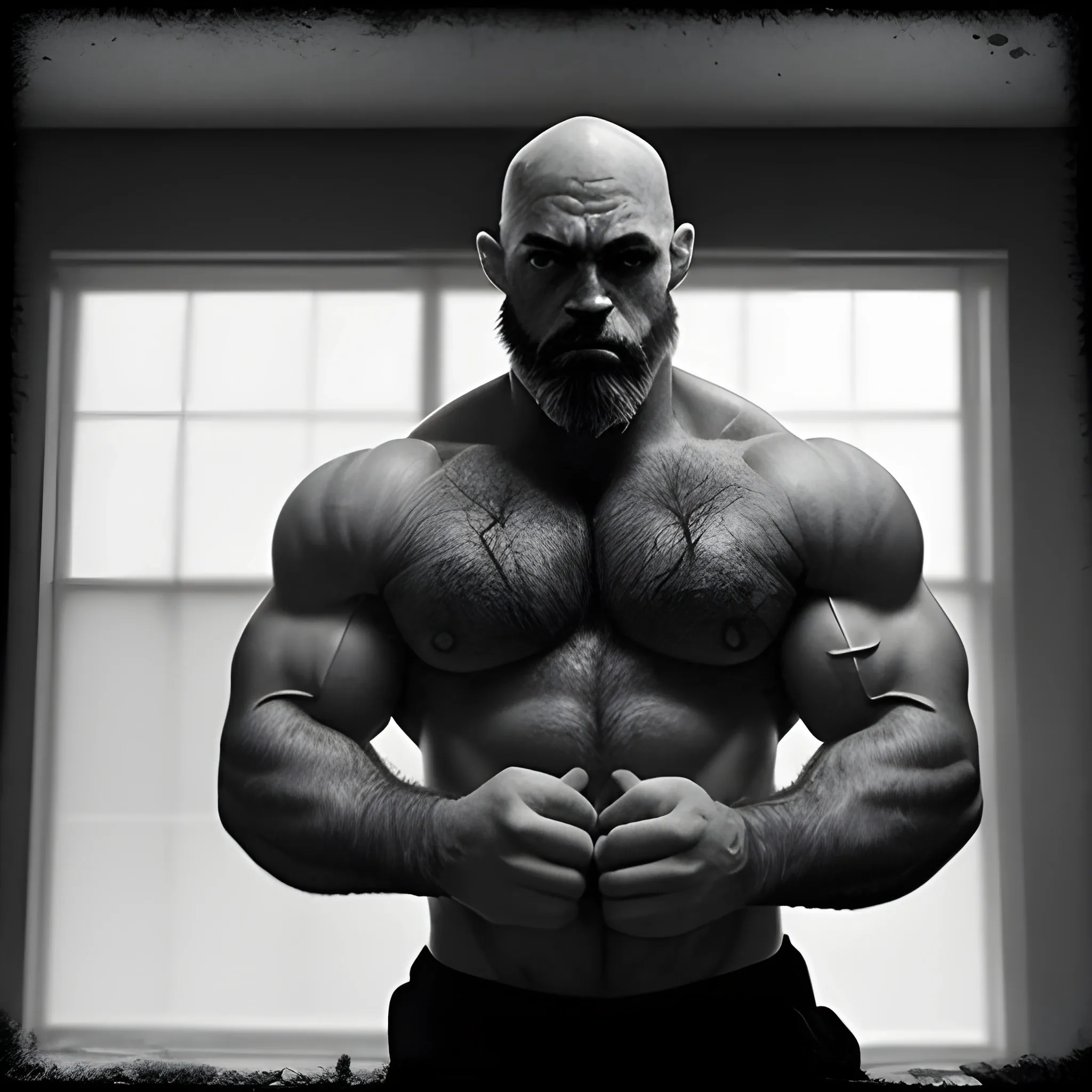 Capture the image of an extremely hairy muscular bald demonic looking man with wild, untamed body hair and a goatee. The environment around him is a dimly lit, man cave, with broken windows and dungeon-like walls. The atmosphere is eerie and mysterious, with a hint of danger lurking in the shadows. The style of the photograph is high contrast black and white, emphasizing the rugged features and textures of the man's physique. The realization is reminiscent of film noir, with deep shadows and dramatic lighting, using Ilford Delta 3200 film for a grainy and gritty effect., 3D