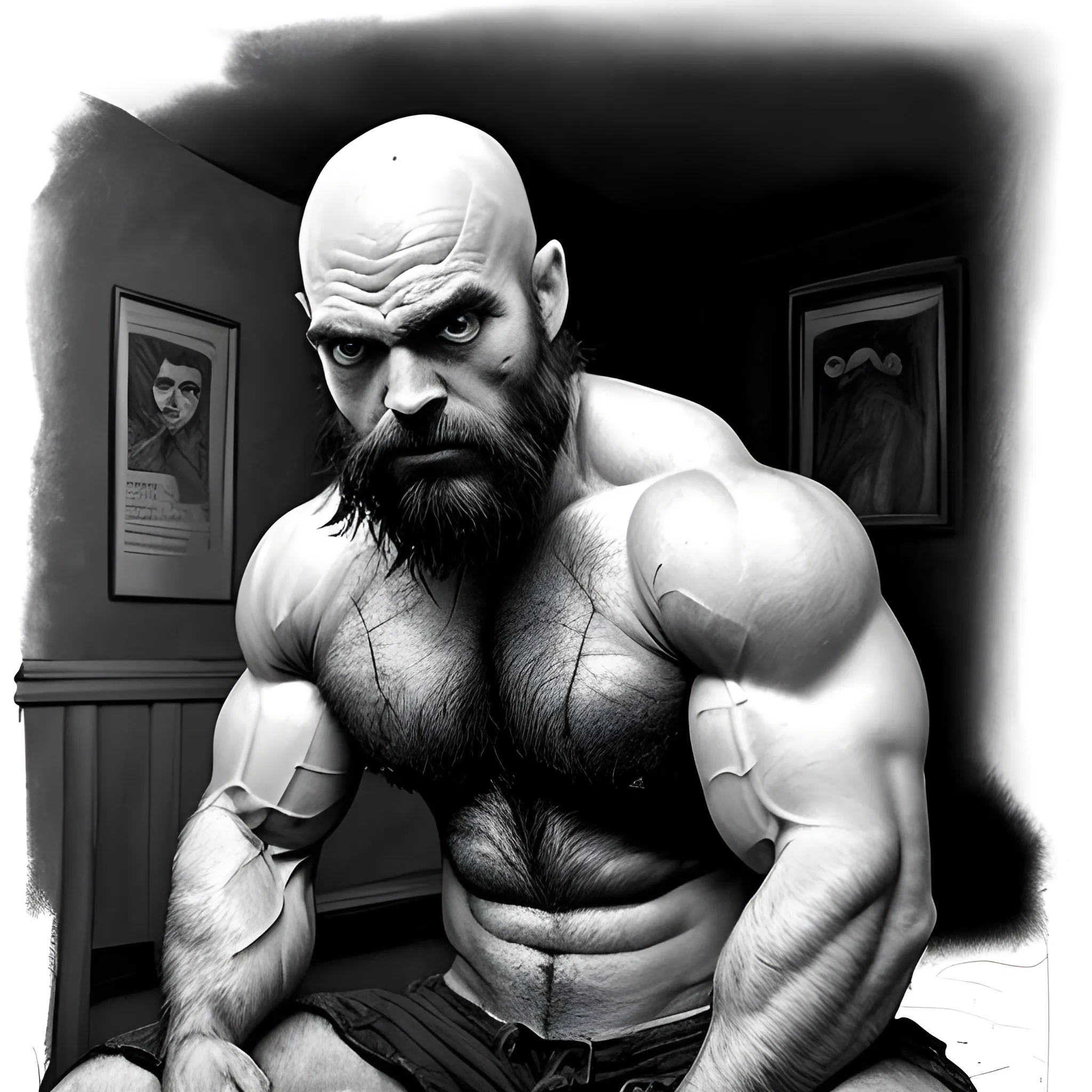 Capture the image of an extremely hairy muscular bald demonic looking man with wild, untamed body hair and a goatee. The environment around him is a dimly lit, man cave, with broken windows and dungeon-like walls. The atmosphere is eerie and mysterious, with a hint of danger lurking in the shadows. The style of the photograph is high contrast black and white, emphasizing the rugged features and textures of the man's physique. The realization is reminiscent of film noir, with deep shadows and dramatic lighting, using Ilford Delta 3200 film for a grainy and gritty effect, , Pencil Sketch