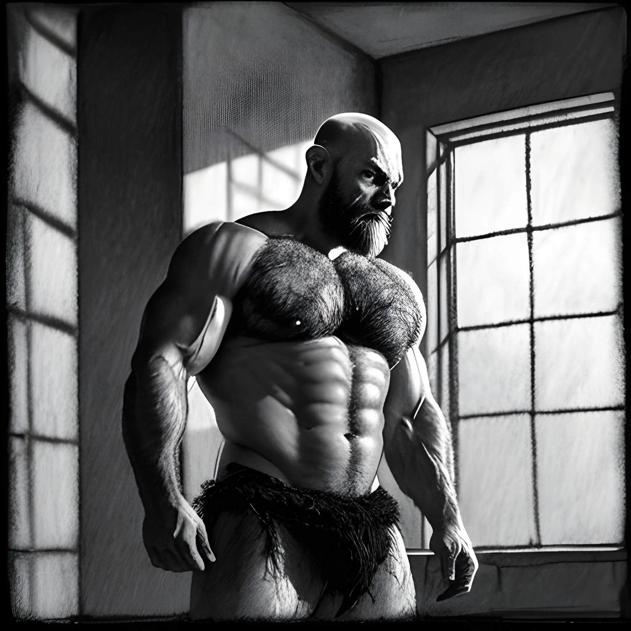 Capture the image of an extremely hairy muscular bald Machiavelli looking man with wild, untamed body hair and a goatee. The environment around him is a dimly lit, man cave, with broken windows and dungeon-like walls. The atmosphere is eerie and mysterious, with a hint of danger lurking in the shadows. The style of the photograph is high contrast black and white, emphasizing the rugged features and textures of the man's physique. The realization is reminiscent of film noir, with deep shadows and dramatic lighting, using Ilford Delta 3200 film for a grainy and gritty effect, , Pencil Sketch