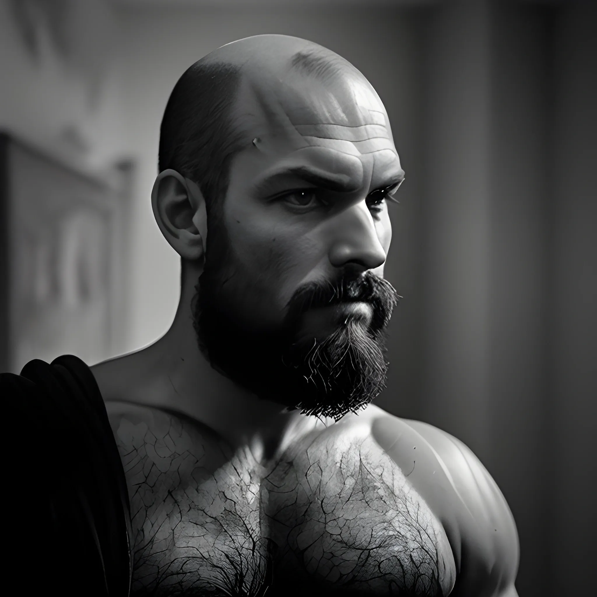 Capture the image of an extremely hairy muscular bald Machiavelli looking man with wild, untamed body hair and a goatee. The environment around him is a dimly lit, man cave, with broken windows and dungeon-like walls. The atmosphere is eerie and mysterious, with a hint of danger lurking in the shadows. The style of the photograph is high contrast black and white, emphasizing the rugged features and textures of the man's physique. The realization is reminiscent of film noir, with deep shadows and dramatic lighting, using Ilford Delta 3200 film for a grainy and gritty effect, , Trippy