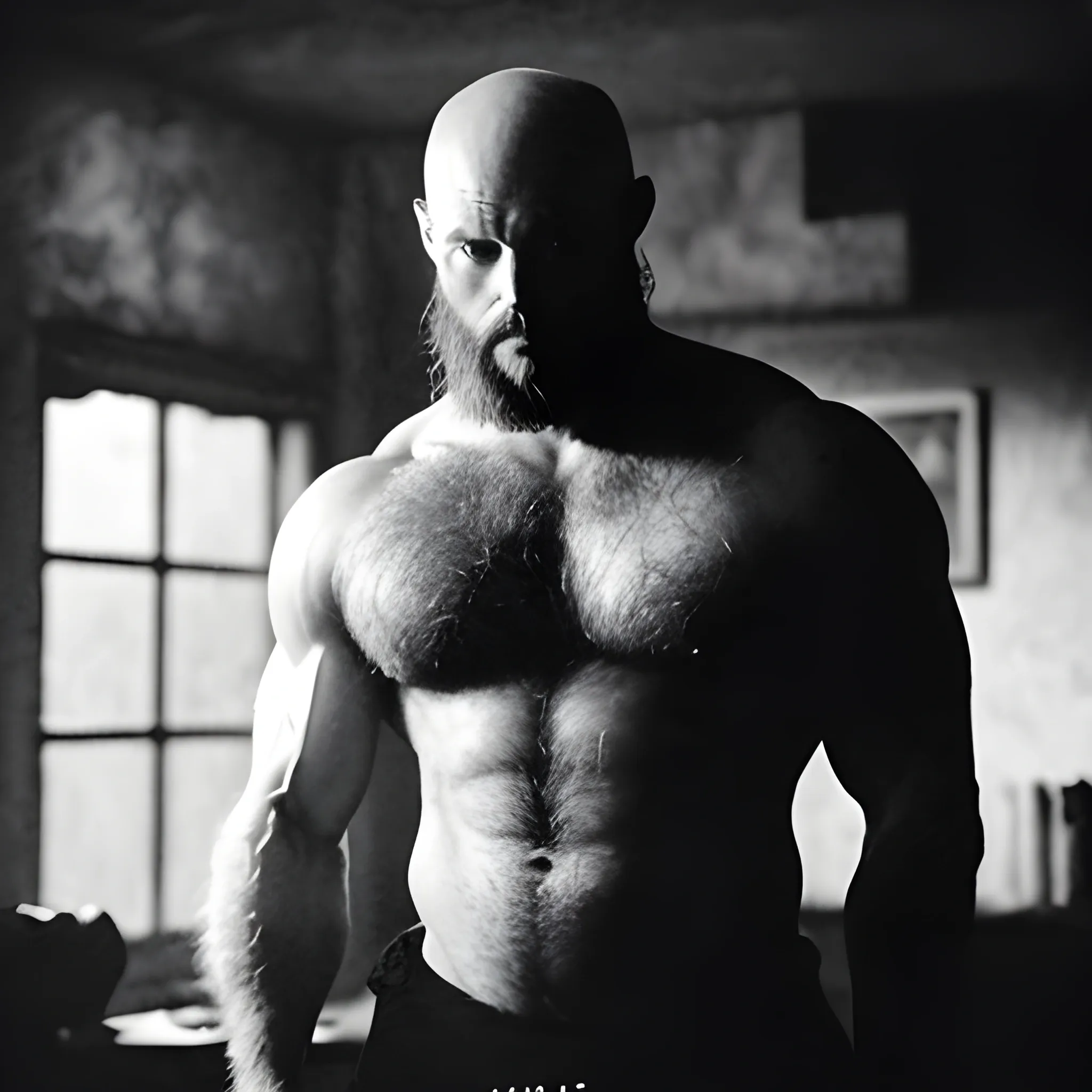 Capture the full body image of an extremely hairy muscular bald Machiavelli looking man with wild, untamed body hair and a goatee. The environment around him is a dimly lit, man cave, with broken windows and dungeon-like walls. The atmosphere is eerie and mysterious, with a hint of danger lurking in the shadows. The style of the photograph is high contrast black and white, emphasizing the rugged features and textures of the man's physique. The realization is reminiscent of film noir, with deep shadows and dramatic lighting, using Ilford Delta 3200 film for a grainy and gritty effect, , Trippy