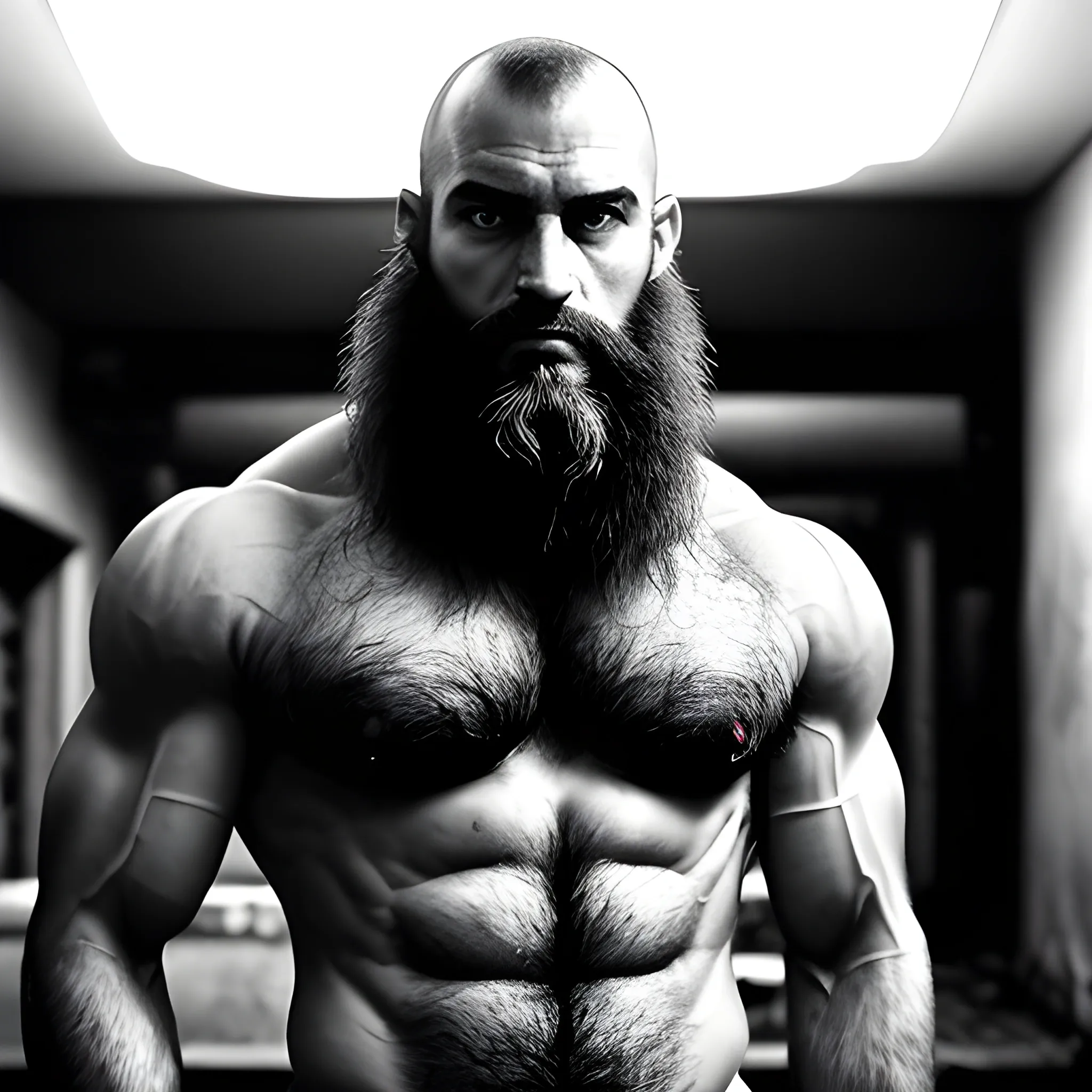 Capture the full body image of an extremely hairy muscular bald Machiavelli looking Armenian man with wild, untamed body hair and a goatee. The environment around him is a dimly lit, man cave, with broken windows and dungeon-like walls. The atmosphere is eerie and mysterious, with a hint of danger lurking in the shadows. The style of the photograph is high contrast black and white, emphasizing the rugged features and textures of the man's physique. The realization is reminiscent of film noir, with deep shadows and dramatic lighting, using Ilford Delta 3200 film for a grainy and gritty effect, , Trippy