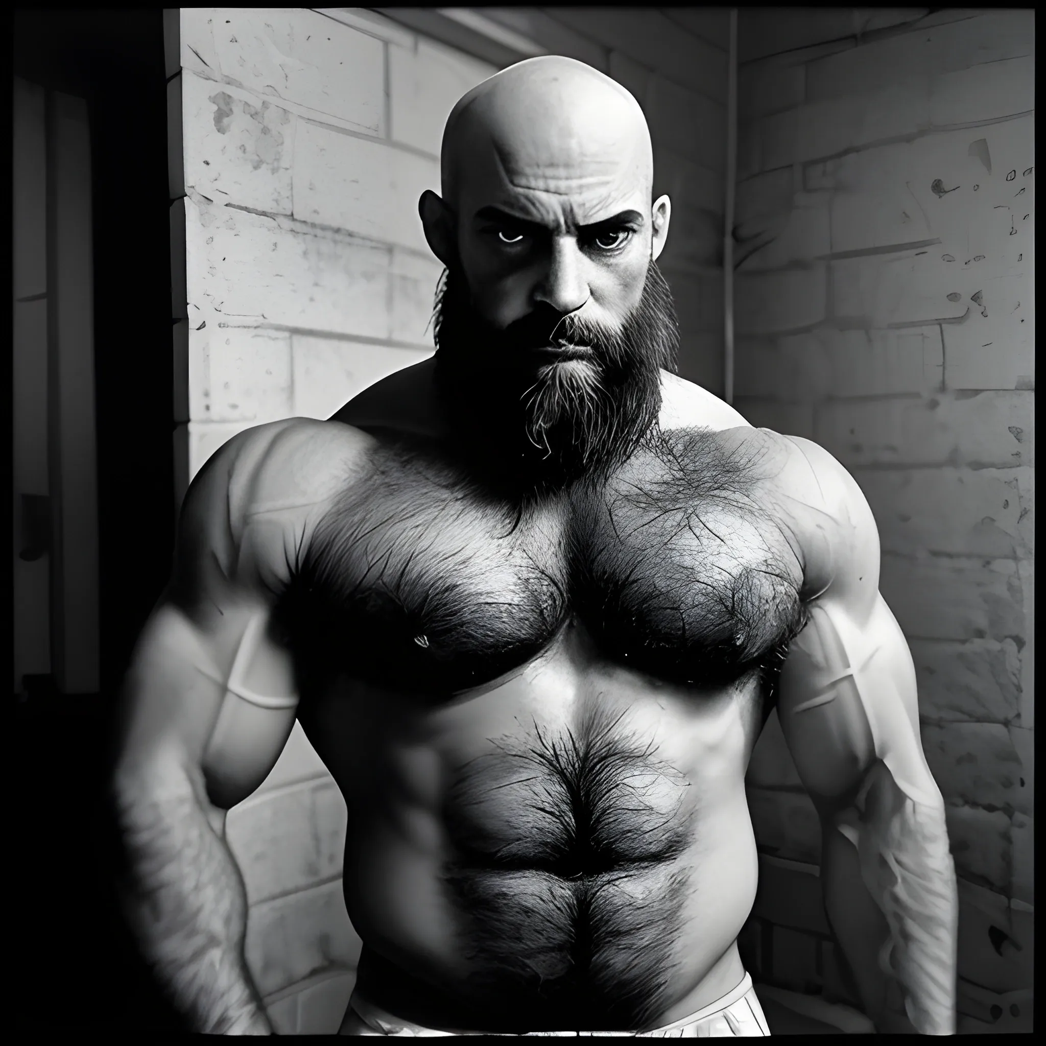 Capture the full body image of an extremely hairy muscular bald Machiavelli looking Armenian man with wild, untamed body hair and a groomed goatee. The environment around him is a dimly lit, man cave, with broken windows and dungeon-like walls. The atmosphere is eerie and mysterious, with a hint of danger lurking in the shadows. The style of the photograph is high contrast black and white, emphasizing the rugged features and textures of the man's physique. The realization is reminiscent of film noir, with deep shadows and dramatic lighting, using Ilford Delta 3200 film for a grainy and gritty effect, , Trippy