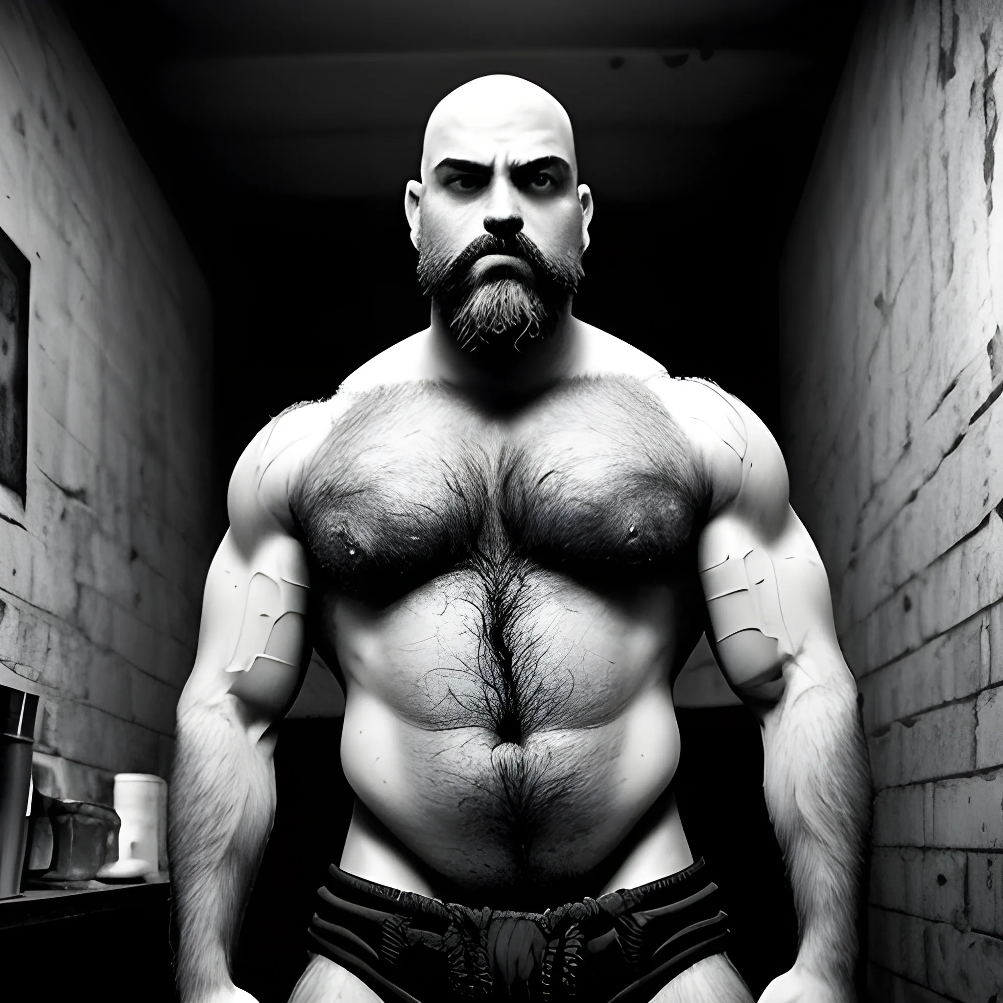 Capture the full body image of a very hirsute meaty muscular bald Machiavelli looking Armenian man with wild, untamed body hair and a groomed goatee. The environment around him is a dimly lit, man cave, with broken windows and dungeon-like walls. The atmosphere is eerie and mysterious, with a hint of danger lurking in the shadows. The style of the photograph is high contrast black and white, emphasizing the rugged features and textures of the man's physique. The realization is reminiscent of film noir, with deep shadows and dramatic lighting, using Ilford Delta 3200 film for a grainy and gritty effect, , Trippy