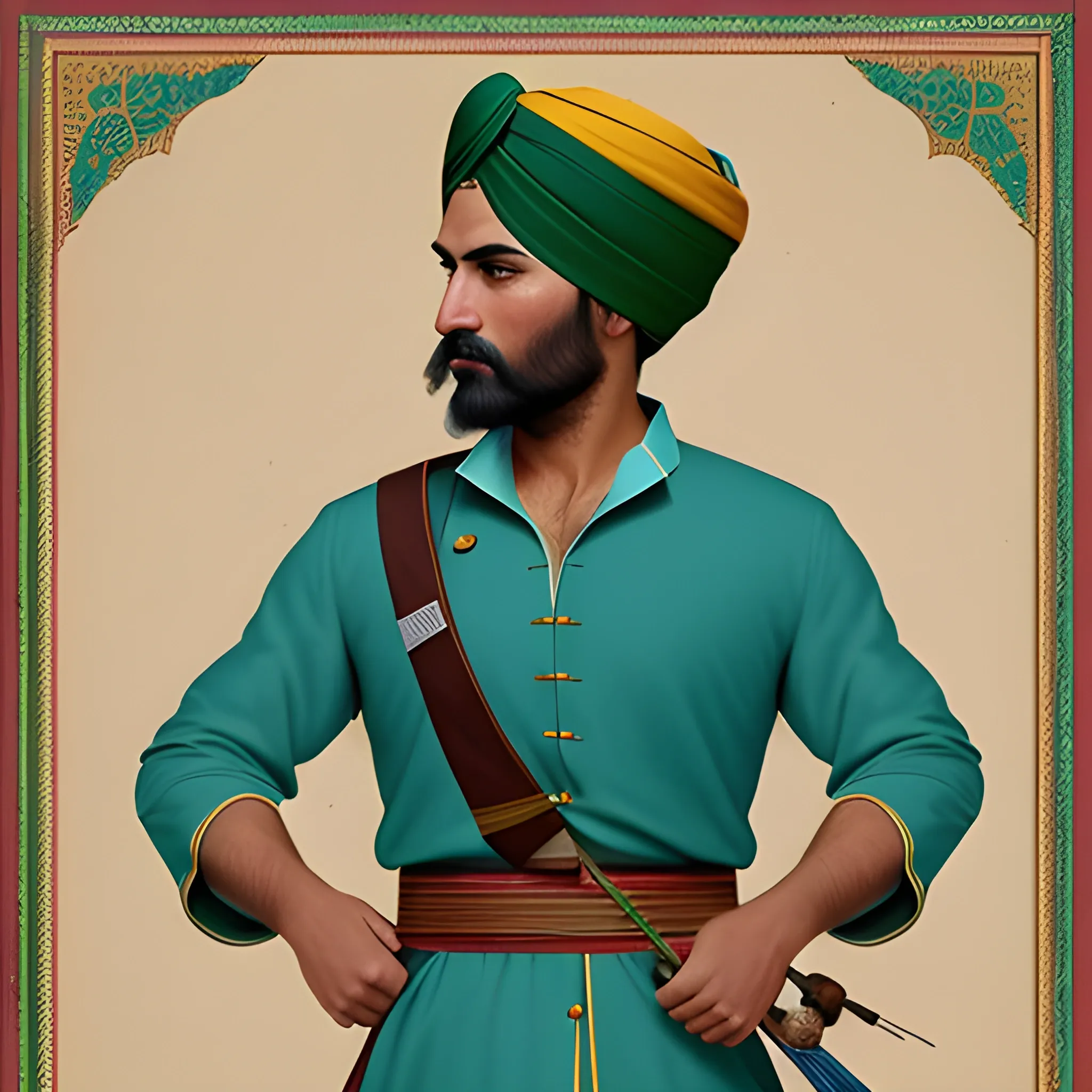 ottoman archer wearing an aqua green shirt, a navy blue shalwar, a mustard-coloured sash around his waist and a mustard-coloured turban on his head, ultra realistic, high detail 