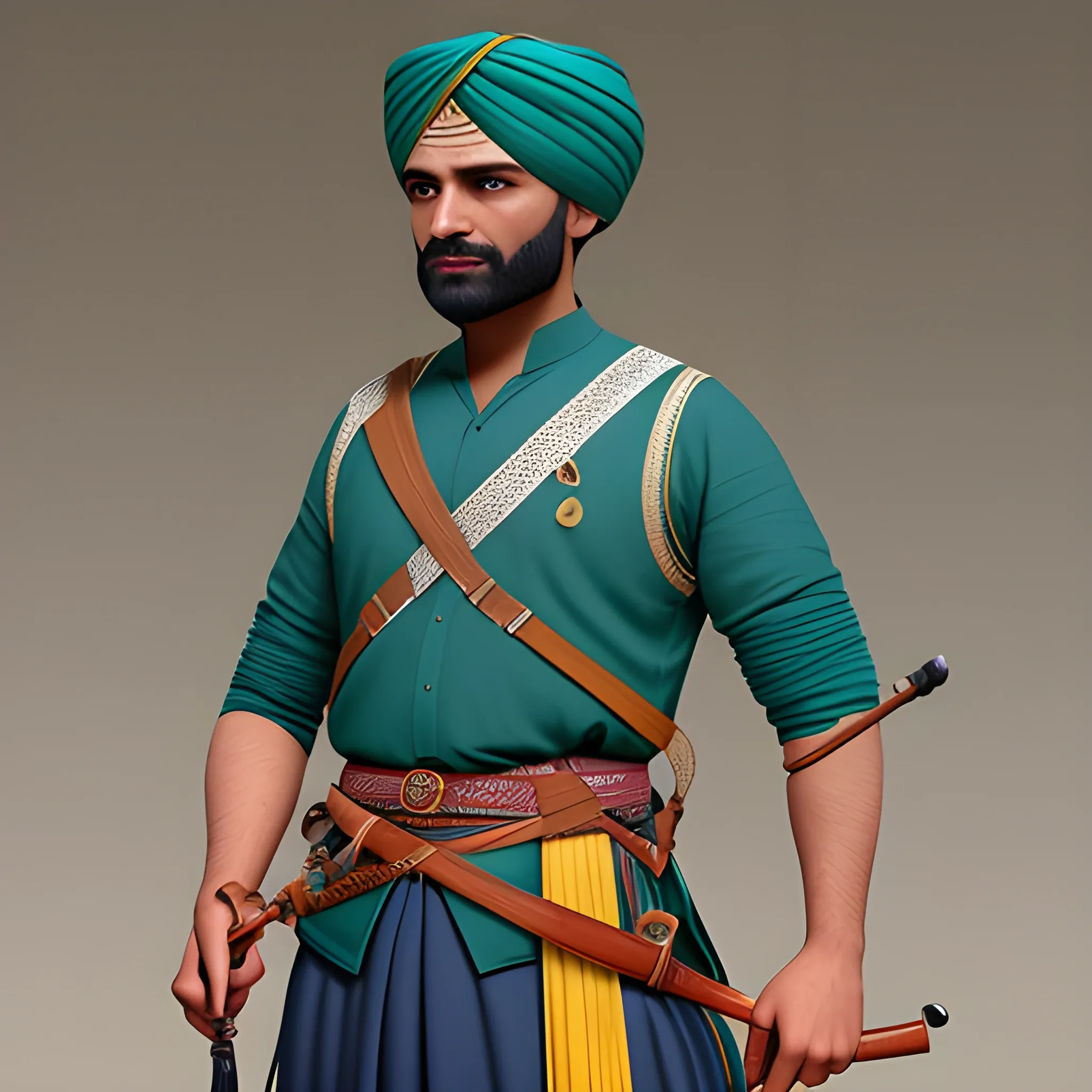 ottoman archer wearing an aqua green shirt, a navy blue shalwar, a mustard-coloured sash around his waist and a mustard-coloured turban on his head, ultra realistic, high detail, full body view with 3 angles