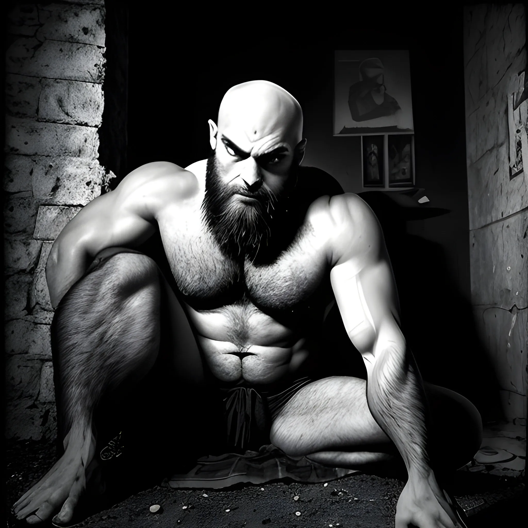 16:9 Capture the cinematographic full body image of a very hirsute leanly muscular bald Machiavelli looking Armenian man with wild, untamed body hair and a groomed trimmed goatee. He sits on the ground as the environment around him is a dimly lit, man cave, with broken windows and dungeon-like walls. The atmosphere is eerie and mysterious, with a hint of danger lurking in the shadows. The style of the photograph is high contrast black and white, emphasizing the rugged features and textures of the man's physique. The realization is reminiscent of film noir, with deep shadows and dramatic lighting, using Ilford Delta 3200 film for a grainy and gritty effect, , Trippy