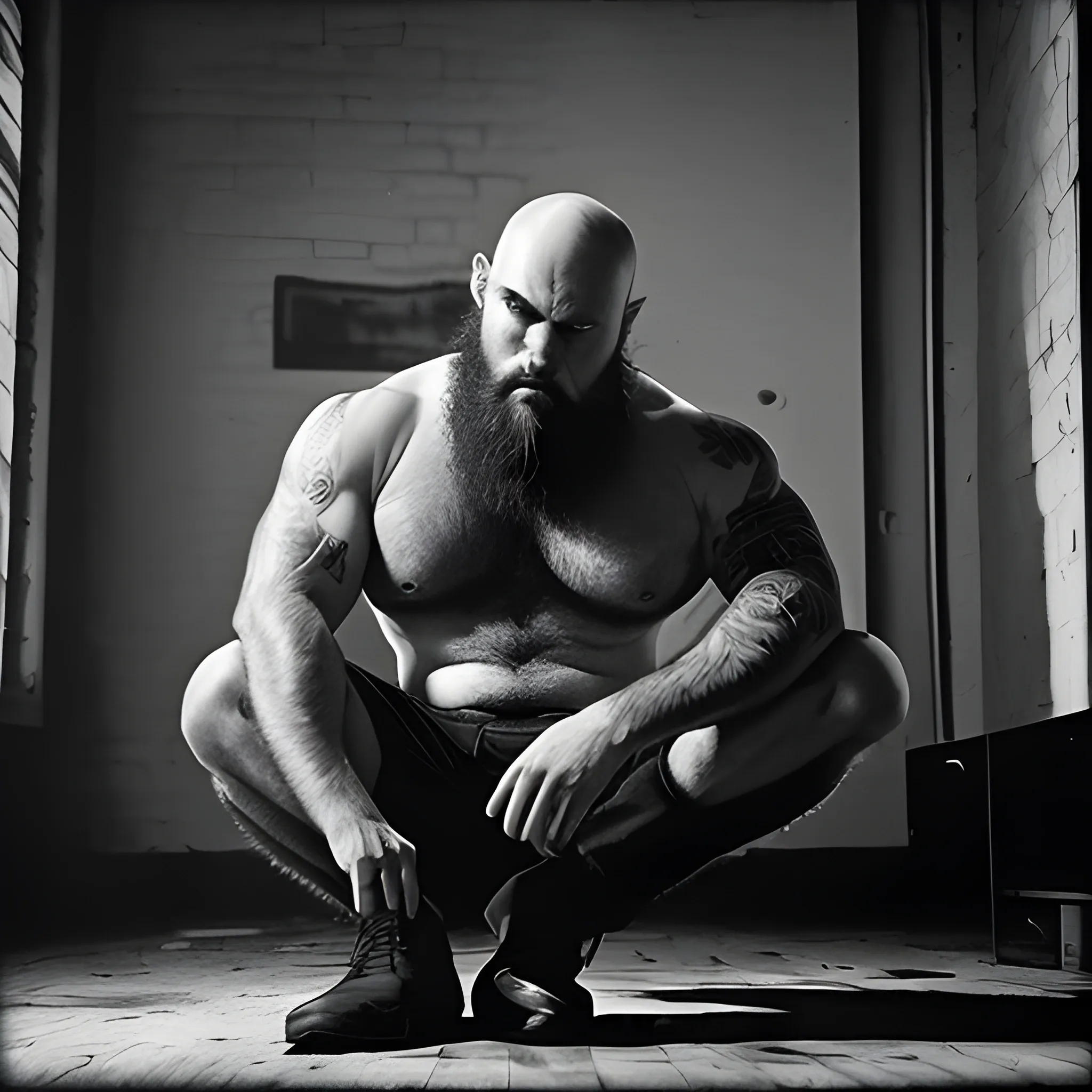 16:9 Low Wide Angled Capture the cinematographic full body image of a very hirsute leanly muscular bald Machiavelli looking Armenian man with wild, untamed body hair, long sharp nose, thick bushy eyebrows, light facial stubble and a groomed trimmed goatee. He sits on the ground with his arm stretched toward the viewer, seeming to invite people in his world, as the environment around him is a dimly lit, man cave, with broken windows and dungeon-like walls. The atmosphere is eerie and mysterious, with a hint of danger lurking in the shadows. The style of the photograph is high contrast black and white, emphasizing the rugged features and textures of the man's physique. The realization is reminiscent of film noir, with deep shadows and dramatic lighting, using Ilford Delta 3200 film for a grainy and gritty effect, , 