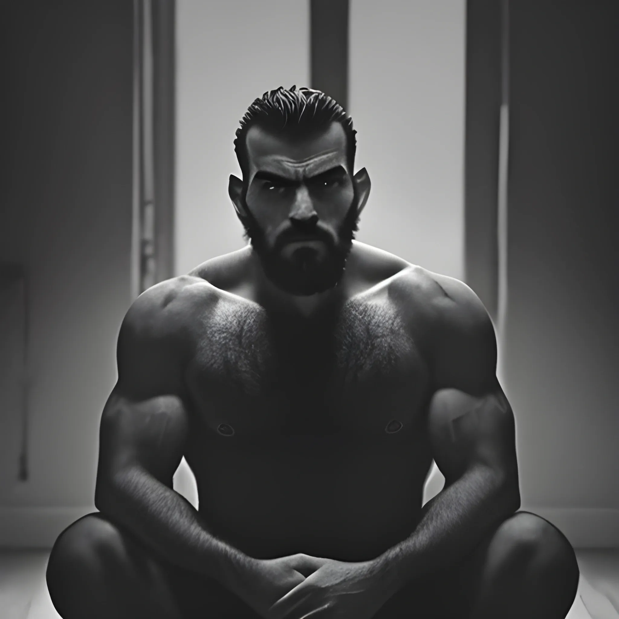 16:9 Low Wide Angled Capture the cinematographic full body image of an extremely hairy powerfully chested and muscular Machiavelli handsome looking Armenian man buzzed widows peak long sharp nose thick bushy eyebrows light facial stubble and groomed trimmed goatee. He sits on the ground with a deep stern stare and arm stretched toward the viewer inviting people in his world as the environment around him is a man cave, with broken windows and dungeon-like walls. The atmosphere is eerie and mysterious, with a hint of danger lurking in the shadows. The style of the photograph is high contrast black and white, emphasizing the rugged features and textures of the man's physique. The realization is reminiscent of film noir, with deep shadows and dramatic lighting, using Ilford Delta 3200 film for a grainy and gritty effect, , , Trippy