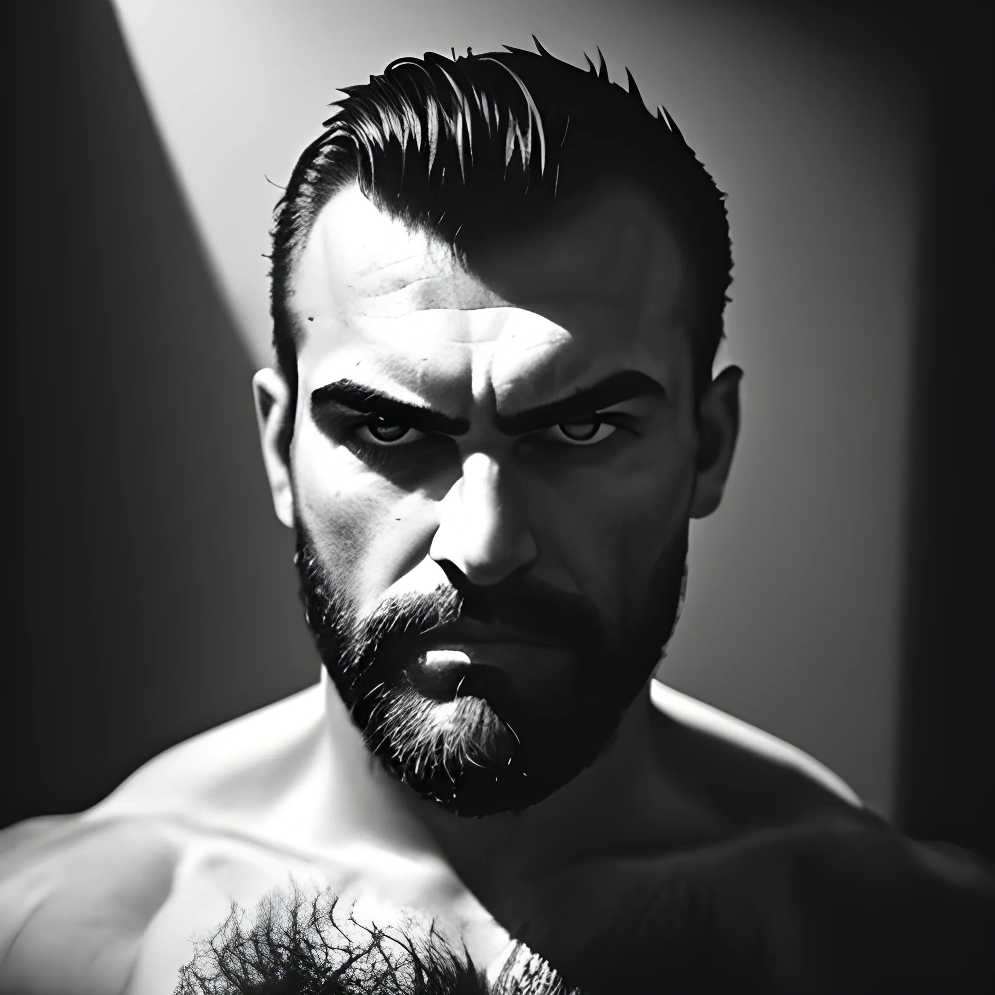 16:9 45% front lit Low Wide Angled Capture cinematographic full body image of an extremely hairy powerfully chested and muscular Machiavelli handsome looking Armenian man buzzed widows peak long sharp nose thick bushy eyebrows light facial stubble and groomed trimmed goatee. He sits on the ground with a deep stern stare and arm stretched toward the viewer inviting people in his world as the environment around him is a man cave, with broken windows and dungeon-like walls. The atmosphere is eerie and mysterious, with a hint of danger lurking in the shadows. The style of the photograph is high contrast black and white, emphasizing the rugged features and textures of the man's physique. The realization is reminiscent of film noir, with deep shadows and dramatic lighting, using Ilford Delta 3200 film for a grainy and gritty effect, , , Trippy