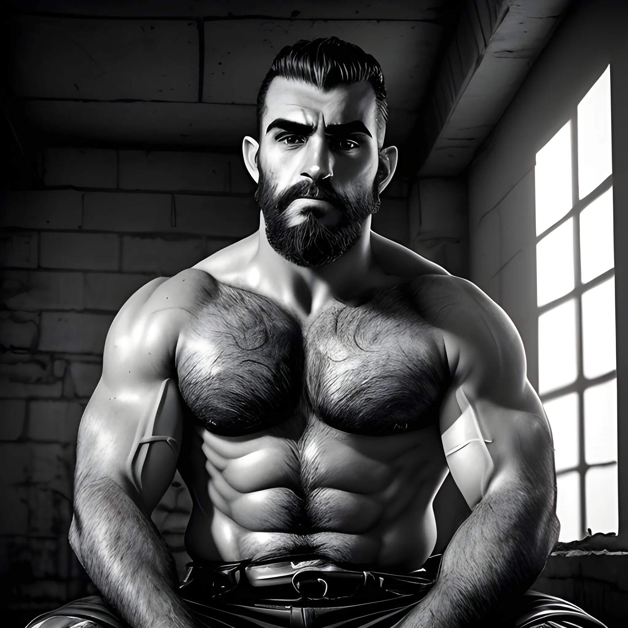 16:9 45% front lit Low Wide Angled Capture cinematographic full body image of incredibly hairy powerfully round chested and super muscular wickedly handsome looking Armenian master leather man with buzzed widows peak long sharp nose thick bushy eyebrows light facial stubble and groomed trimmed goatee with a deep stern face. He sits on the ground wearing army boots inviting you in his world as the environment around him is a bunked prison cell, with broken windows and dungeon-like walls. The atmosphere is eerie and mysterious, with a hint of danger lurking in the shadows. The style of the photograph is high contrast black and white, sun light beam emphasizing the rugged features and textures of the man's physique. The realization is reminiscent of film noir, with deep shadows and dramatic lighting, shot using Hasselblad x2d100c camera by Davide Conti, Insanely detailed, accurate skin and hair texture, 8 k uHD, OLED, Trippy, 3D