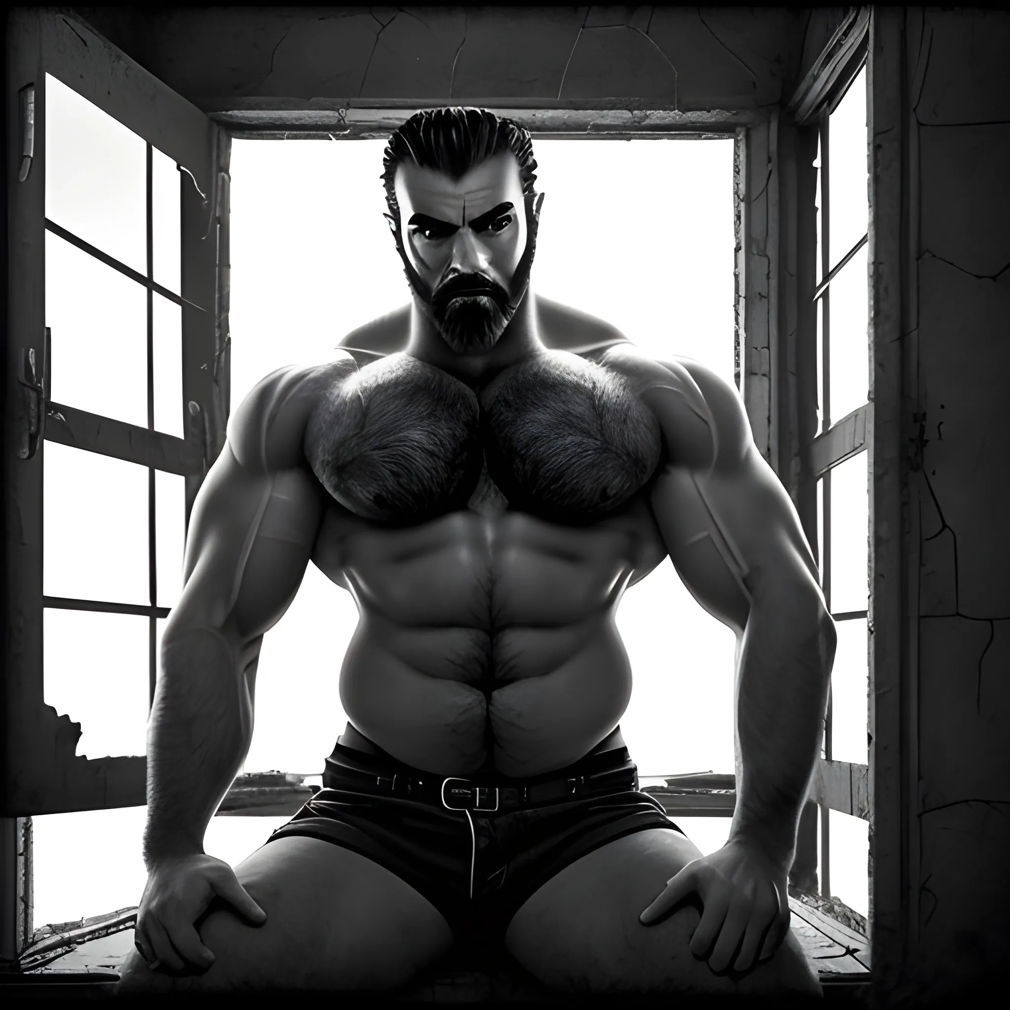 RAW masterpiece hires 45% front lit Full Frame Low Wide Angled Misty Capture cinematographic full body photo of a beastly hairy physique spread over a powerfully rounded oversized bulbous incredibly mammary chest with chiselled hairy abs and overall hairy muscular physique he is Satan Lord of Darkness, a wickedly handsome looking Armenian Leather Master with buzzed widows peak very long sharp nose thick bushy eyebrows light facial stubble and groomed trimmed goatee with a deep stern face characterized with his trademarked discernable mole near his nose left alar. He sits on the ground wearing army boots after a raging hissy fit creating havoc in his world as the environment around him is a bunked prison cell, with broken windows and dungeon-like walls and floor with much debris. The atmosphere is eerie and mysterious, with a hint of danger lurking in the shadows. The style of the photograph is high contrast black and white, sun light beam emphasizing the rugged features and textures of the man's physique. The realization is reminiscent of film noir duotone, with deep shadows and dramatic lighting, shot using Hasselblad x2d100c camera by Annie Leibovitz, Insanely sharp detail, accurate skin and hair texture, 8 k uHD, OLED, Trippy, 3D